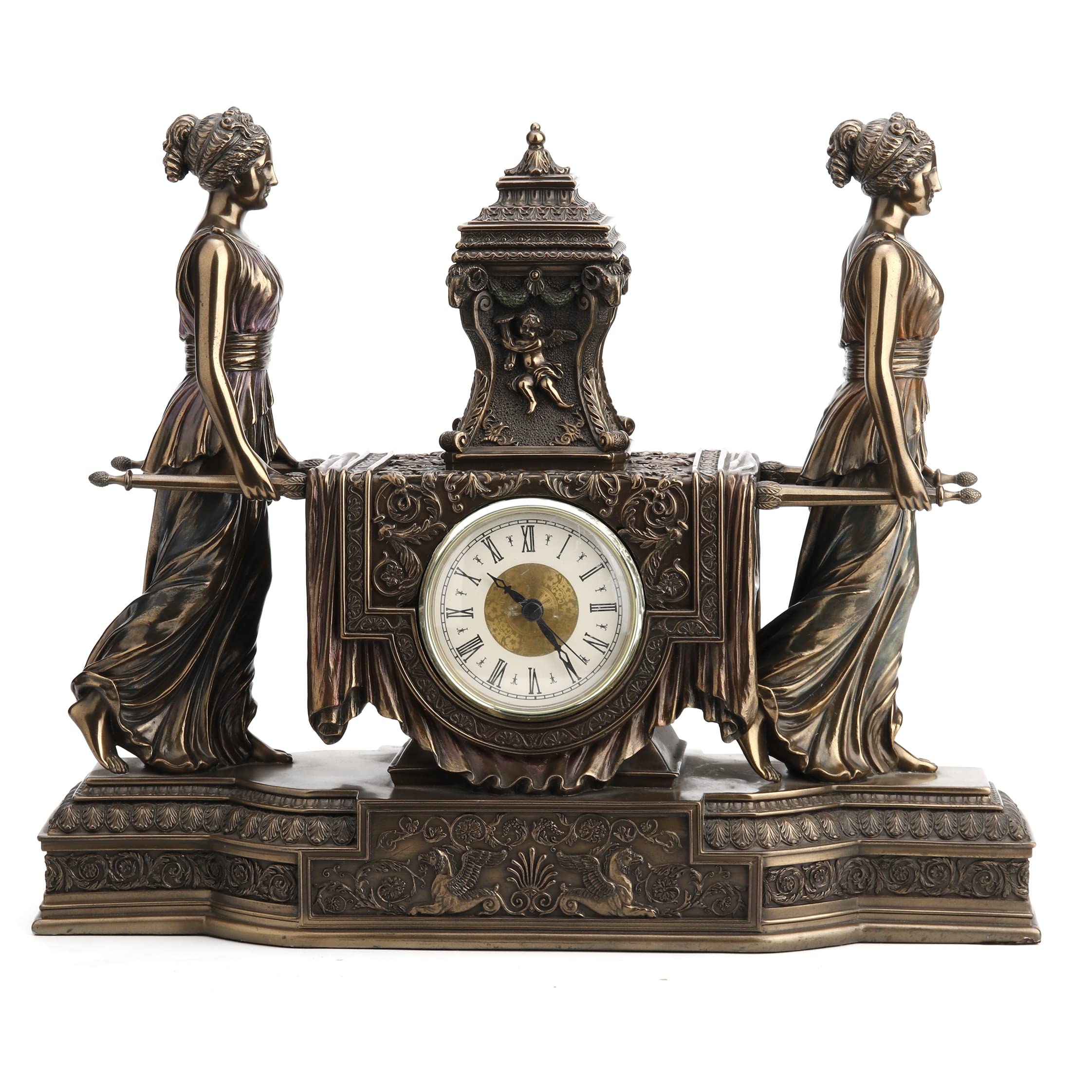 Unicorn Studio 12 Inch Tall Versailles Maidens Mantel Clock - Bronze Finish Resin Sculpture for Home Decor, Gift & Collectible | Perfect for Living Room, Office or Mantel Display