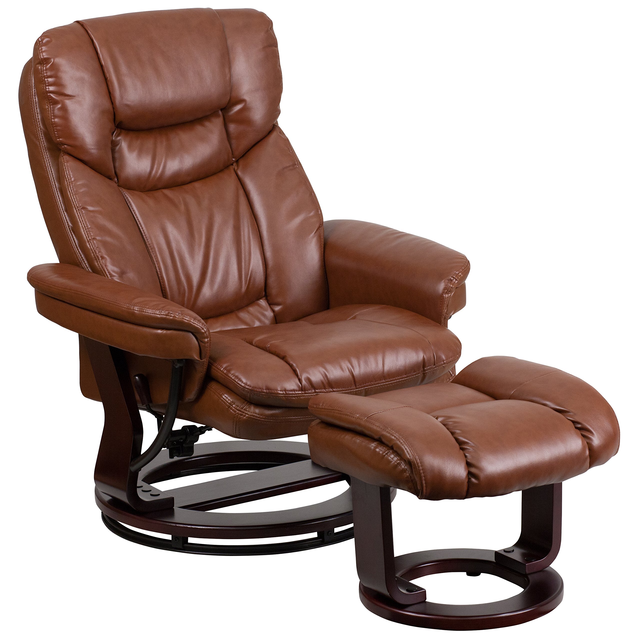 EMMA + OLIVER Multi-Position Recliner Chair with Curved Ottoman - Swivel Wood Base in Vintage LeatherSoft - Perfect for Living Room, Home Theater & Office Relaxation
