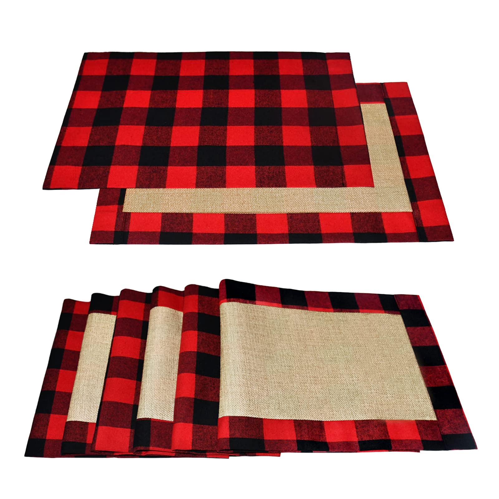 Senneny Set of 6 Christmas Placemats - Buffalo Check Red Black Plaid Reversible Burlap & Cotton Holiday Table Mats for Christmas Decorations | Perfect for Holiday Dinner Parties, Festive Table Settings & Home Decor