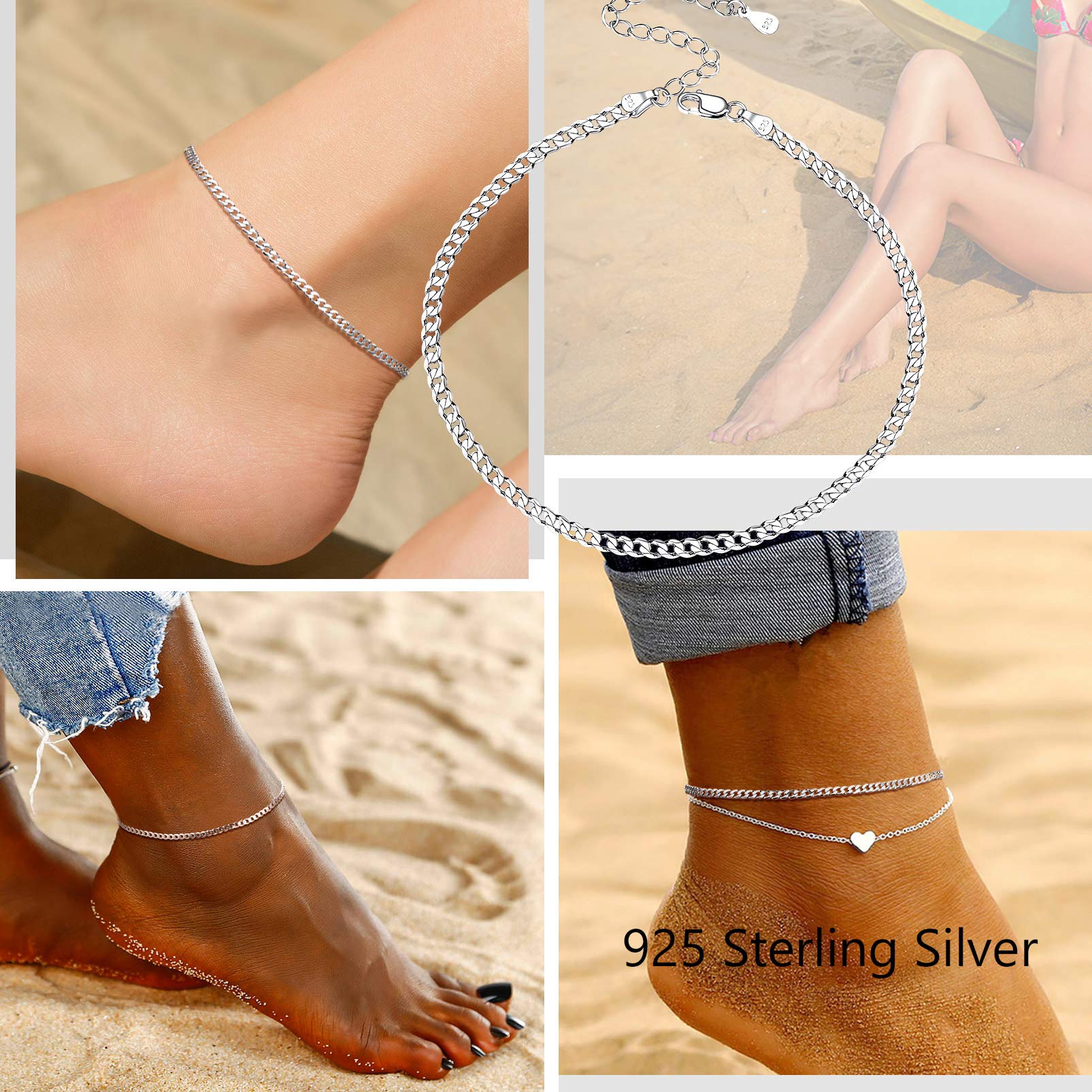 Sterling Silver Ankle Bracelets for Women - Adjustable 8.6-10.6