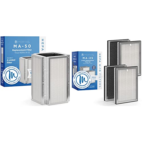 Medify MA-50 Genuine H13 HEPA Replacement Air Filter - 3-in-1 with Pre-Filter for Smoke, Dust, Pet Dander - Compatible with MA-25R Air Purifier (2-Pack, White) - Perfect for Home, Office & Allergy Relief