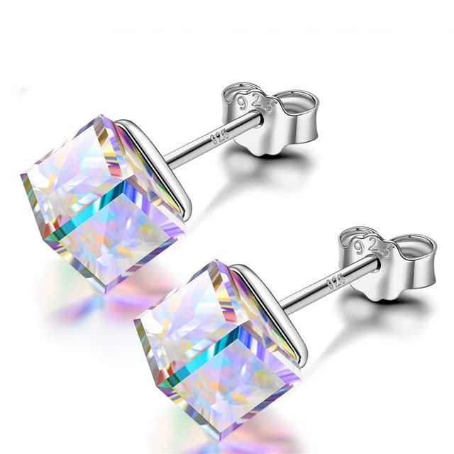 Luxury 4mm 6mm 8mm Square Crystal Stud Earrings for Women - 925 Sterling Silver Small Charm Earrings - Perfect for Wedding, Party & Everyday Wear