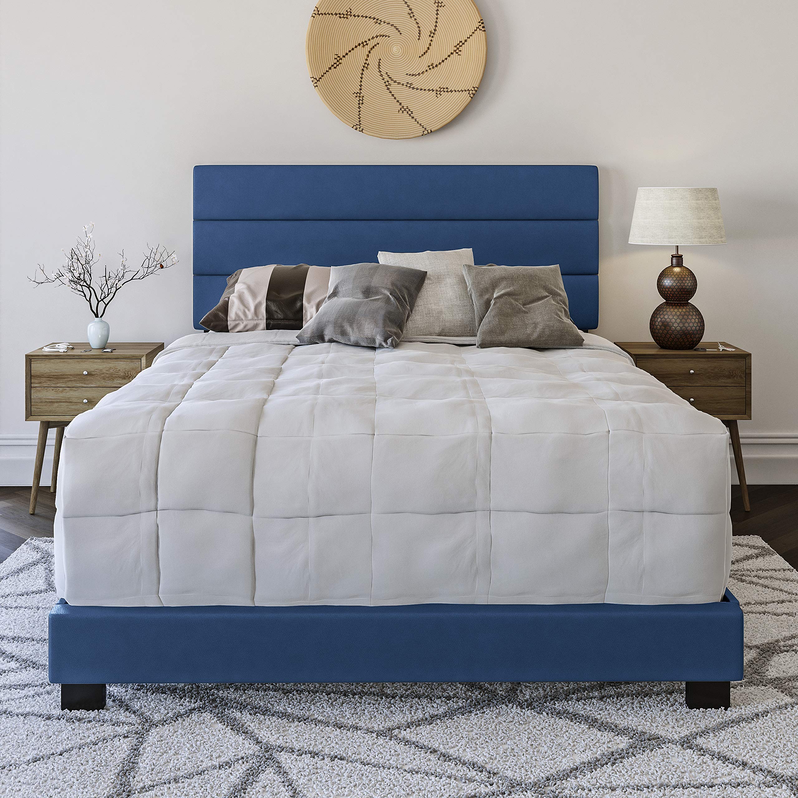 Boyd Sleep Montana Upholstered Platform Bed Frame with Tri-Panel Headboard - Full Size Mattress Foundation, Strong Wood Slat Supports, Faux Leather in Blue - Perfect for Modern Bedrooms, Guest Rooms & Small Spaces