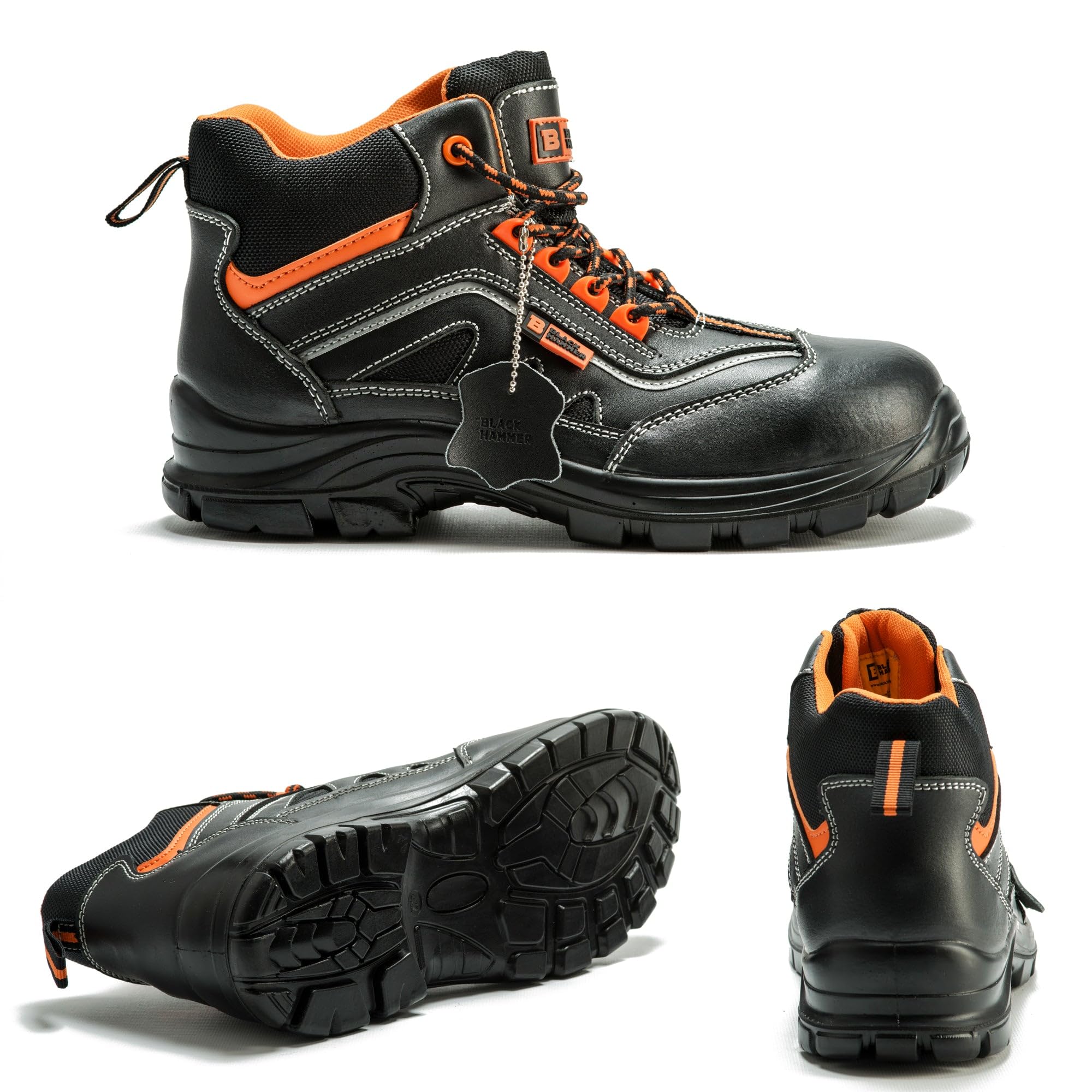 Black Hammer Men's Safety Boots - Leather Metal-Free Composite Toe Cap Kevlar Work Shoes 8852 | Slip Resistant, Electrical Hazard Protection for Construction, Warehouse & Industrial Work