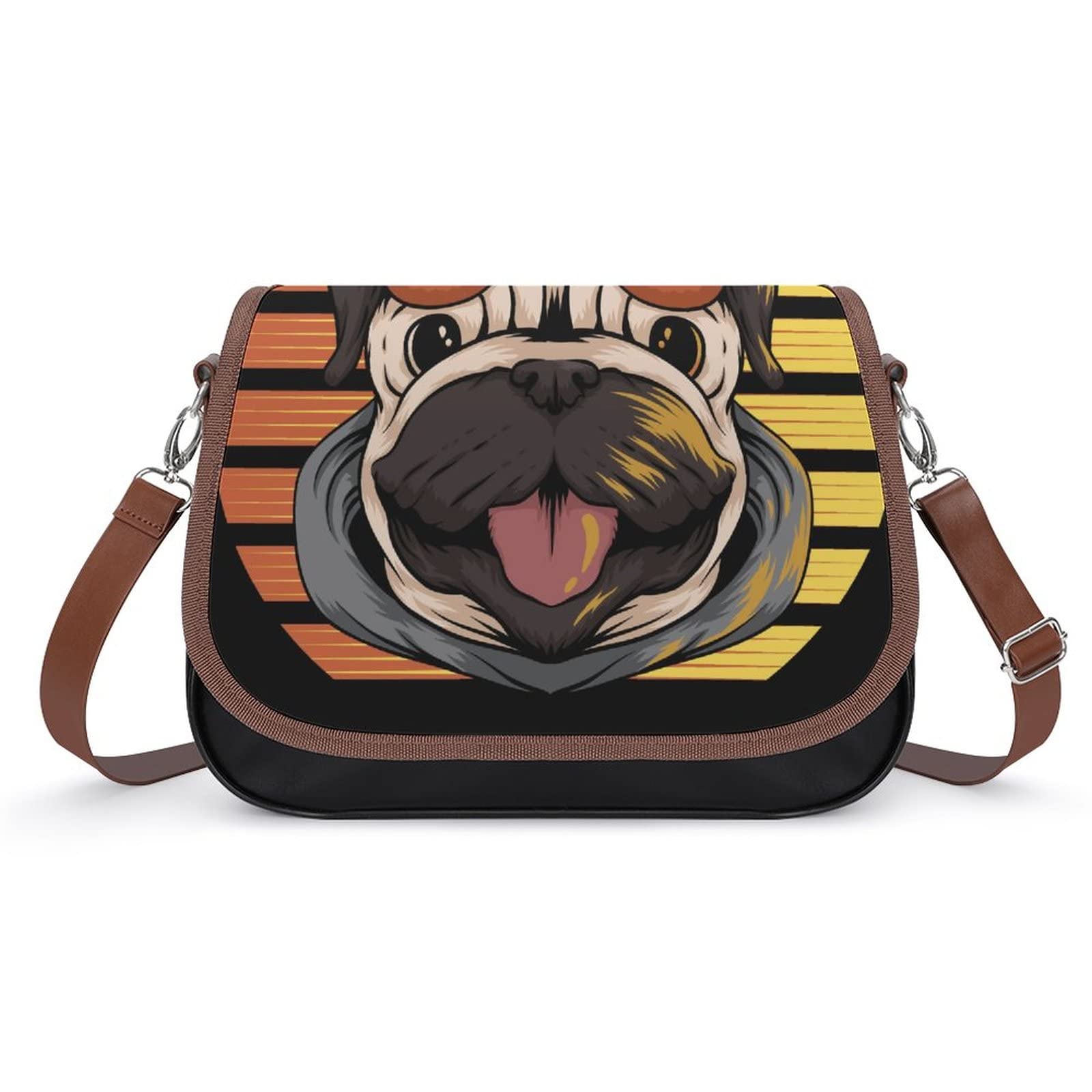 Vintage Leather Crossbody Bag for Women - Stylish Hobo Shoulder Bag with Cartoon Pug Print for Daily Use