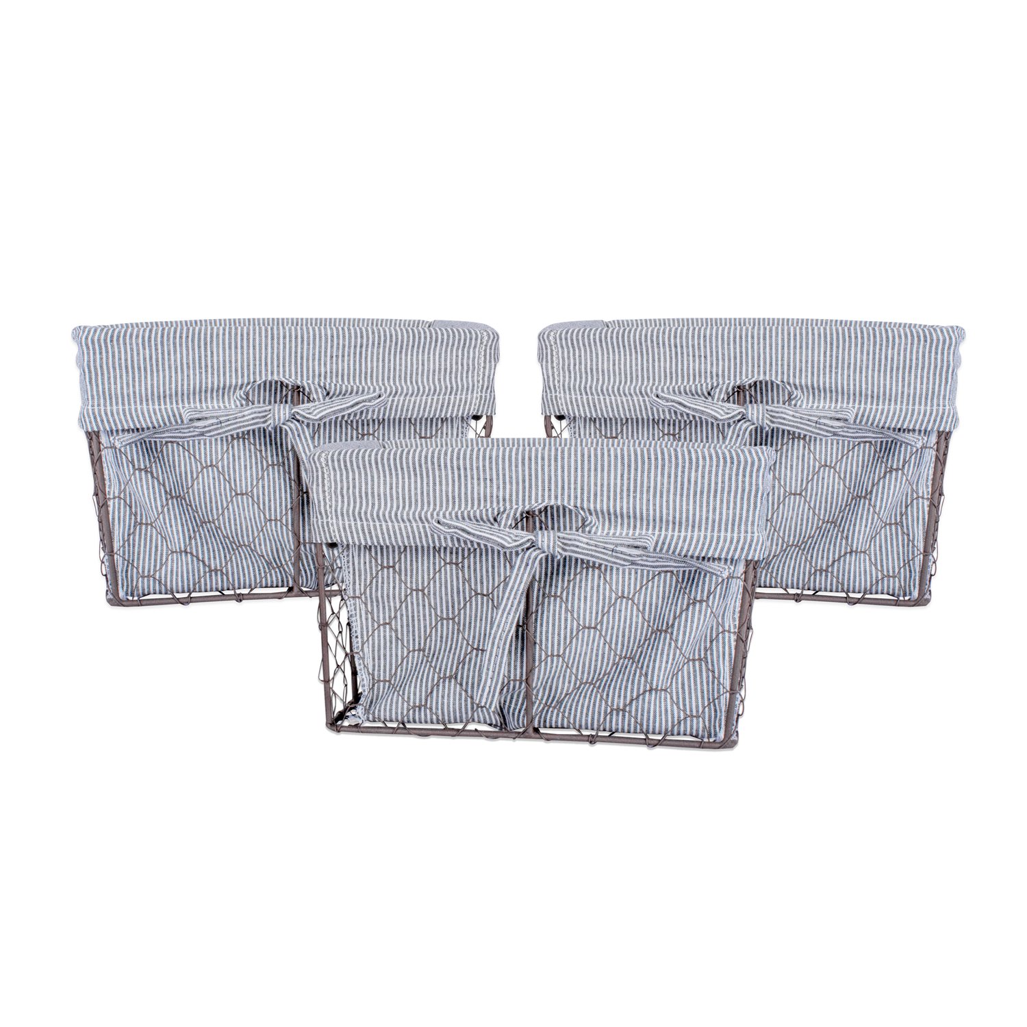 DII Farmhouse Chicken Wire Storage Baskets with Liner - Small Rustic Black & White Ticking Stripe - 9x7x6 Inches - 3 Piece Set for Home Organization, Kitchen, Bathroom & Office Decor
