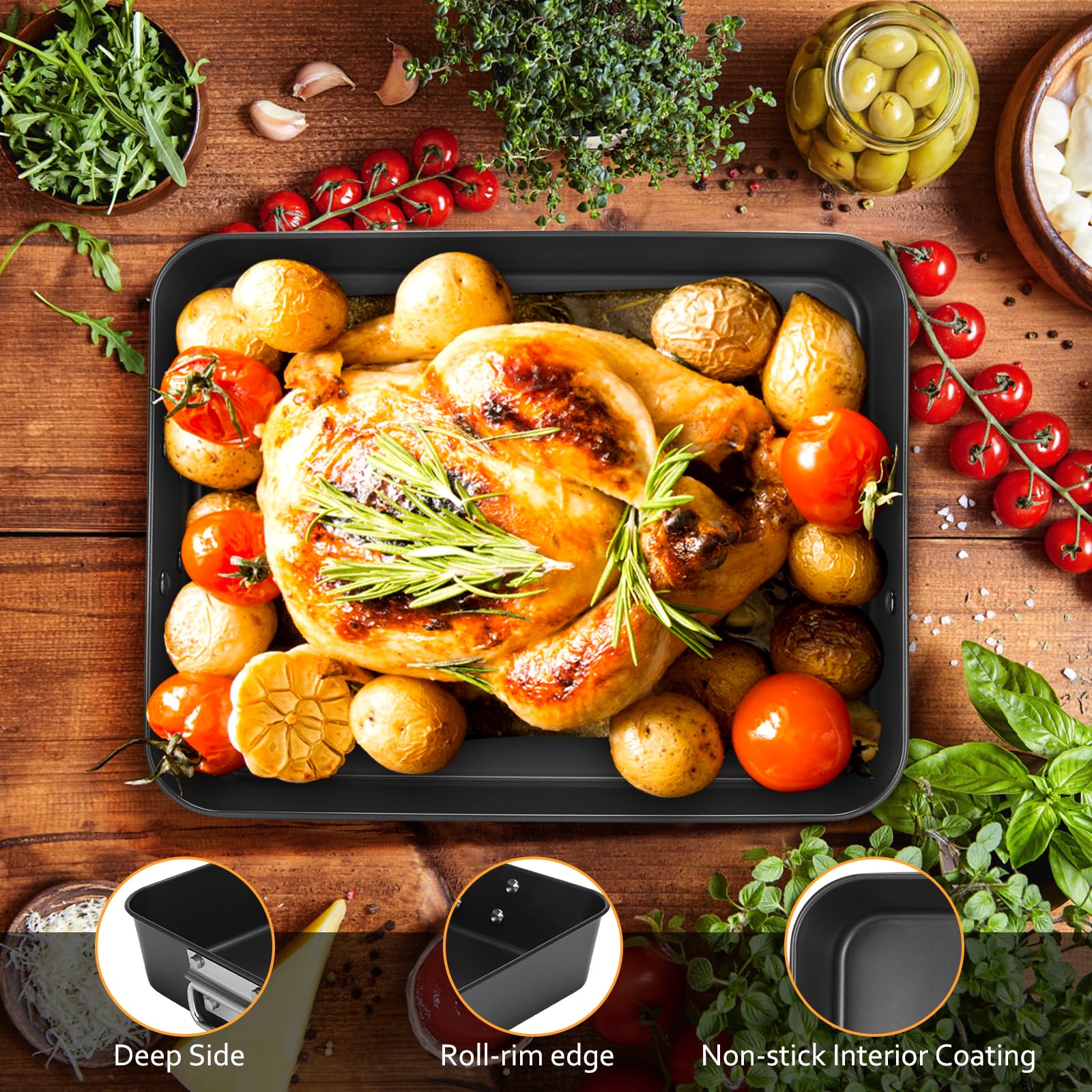 2-Pack 13.7x16 Inch Deep Lasagna Baking Pans - 3 Inch Depth Nonstick Roasting Pans with Handles, Heavy Duty Oven Safe Rectangular Cake Pans, Dishwasher Safe Dark Grey - Perfect for Family Dinners, Holiday Cooking & Meal Prep