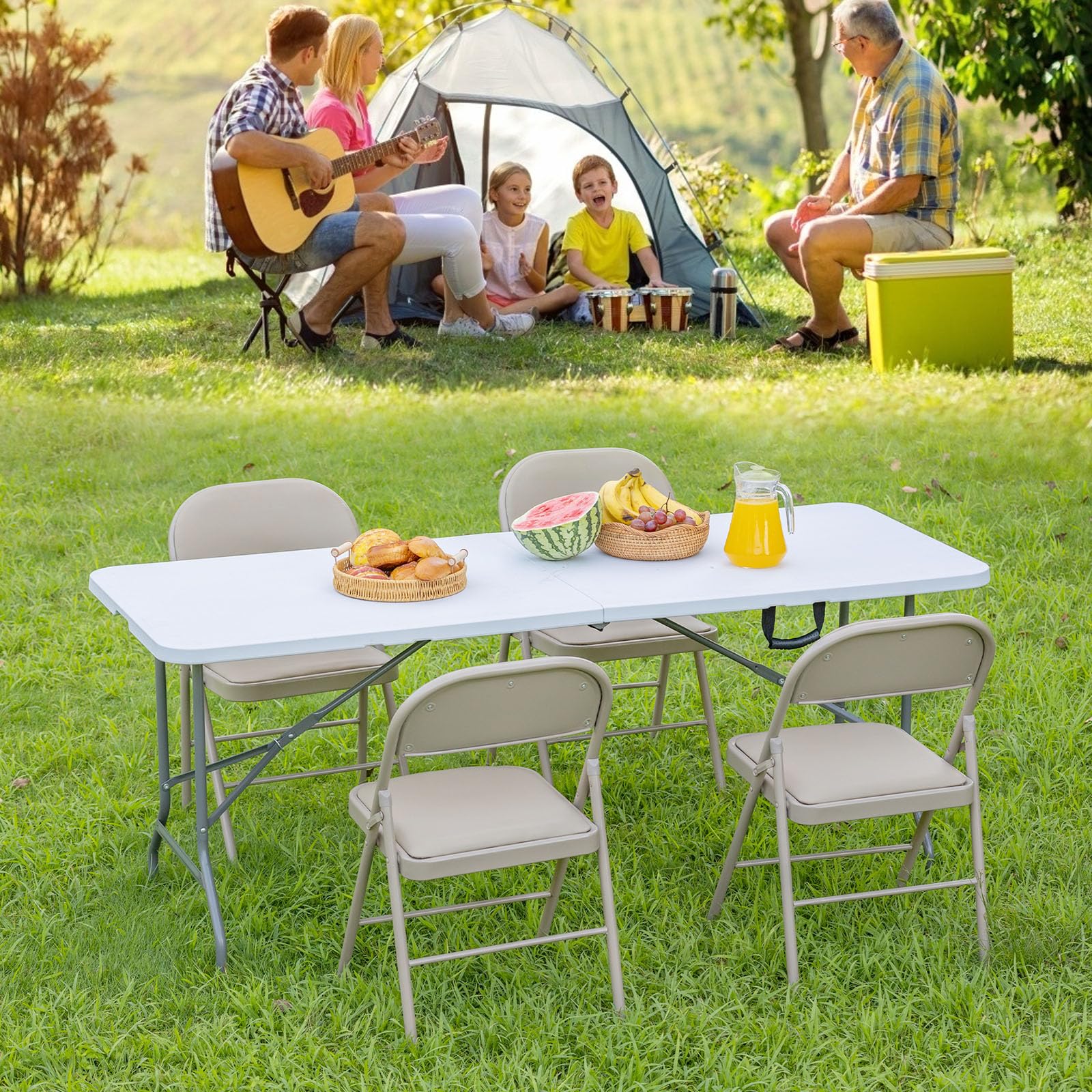 8ft Heavy Duty Folding Table - Portable Indoor Outdoor Table with Carrying Handle for Camping, Picnic, Party & Events - Perfect for Backyard Gatherings, Tailgating & Home Use