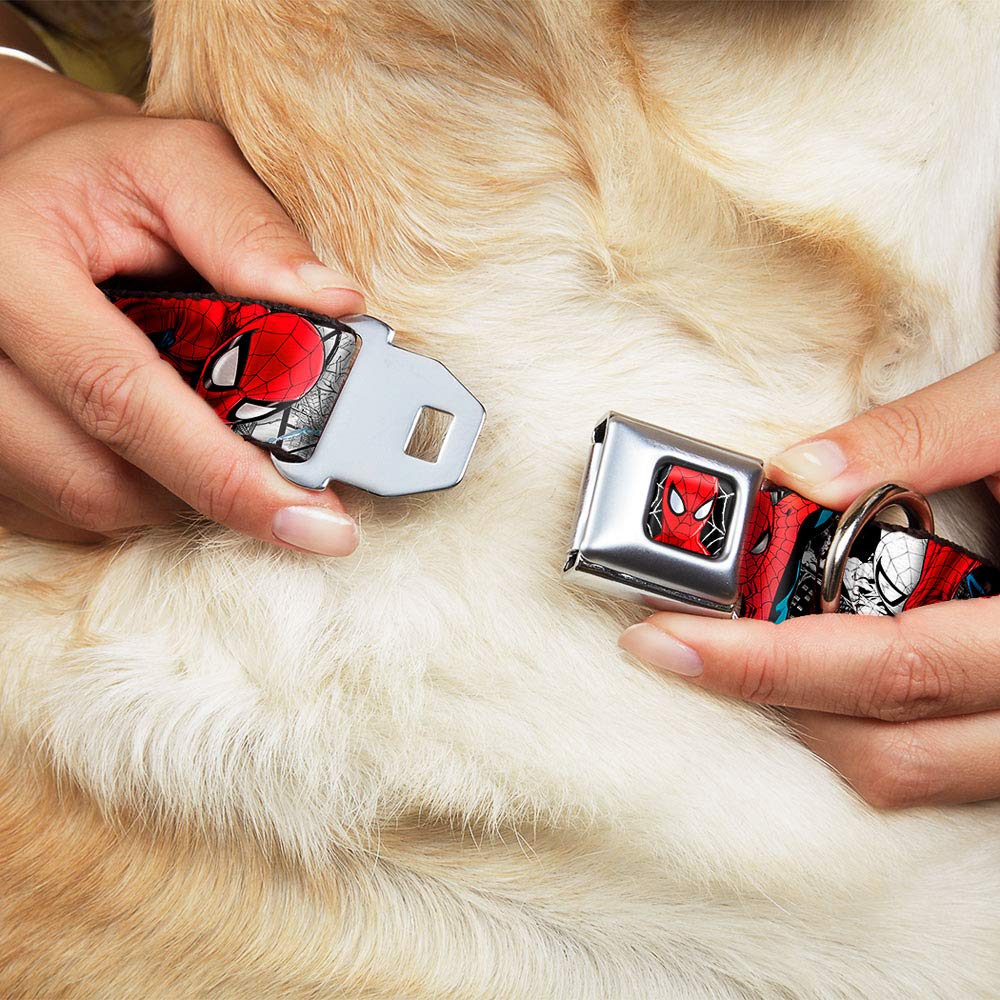 Spider Man Dog Collar with Seatbelt Buckle - 18 to 32 Inches Adjustable Pet Collar - 1.5 Inch Wide Nylon Dog Collar for Small Medium Large Dogs - White Black Red Comic Design - Perfect for Cosplay, Comic Con & Superhero Themed Events