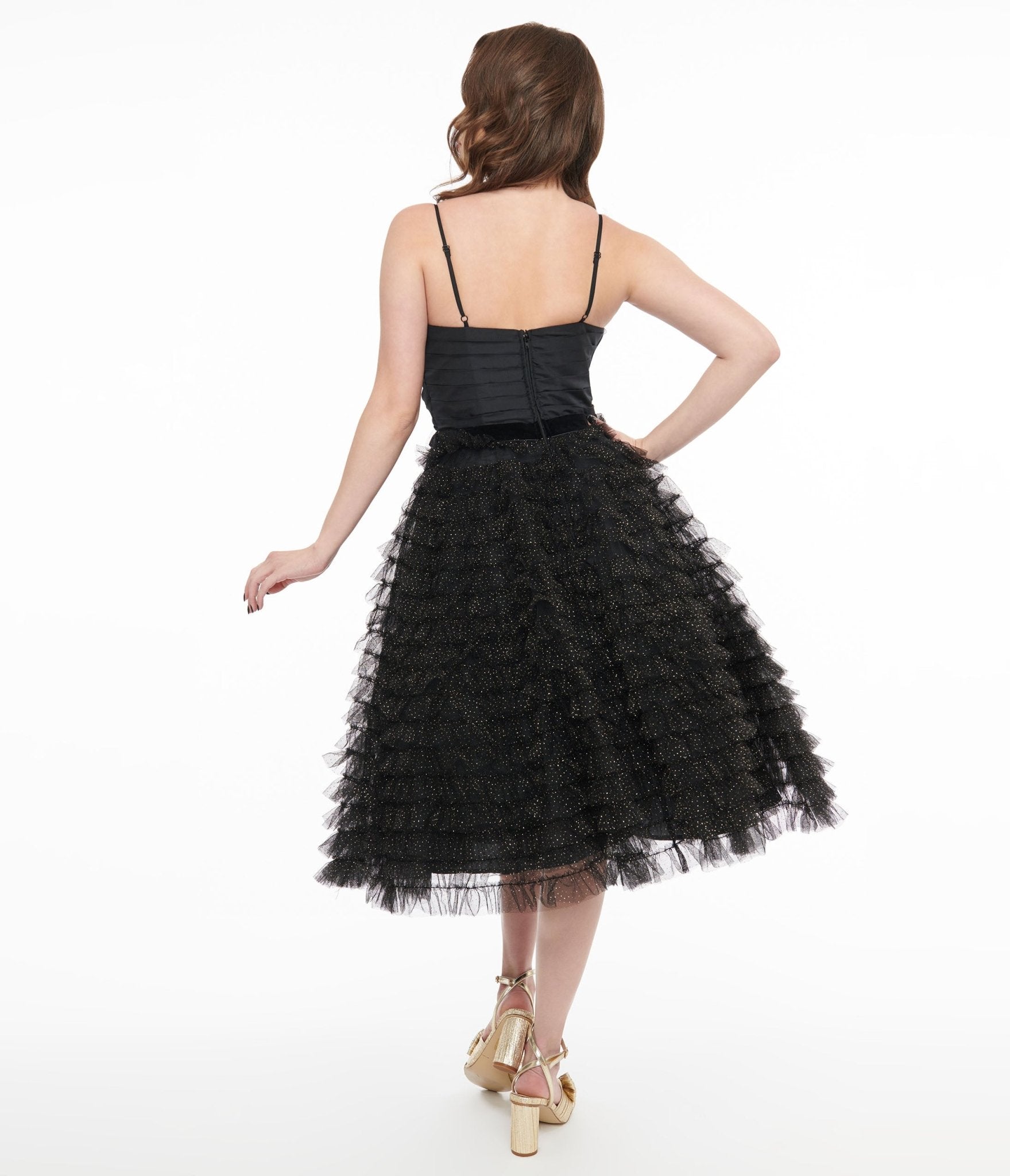 Vintage 1950s Black & Gold Glitter Tulle Swing Dress - Retro Cocktail Party, Wedding Guest, Holiday Formal Attire for Women