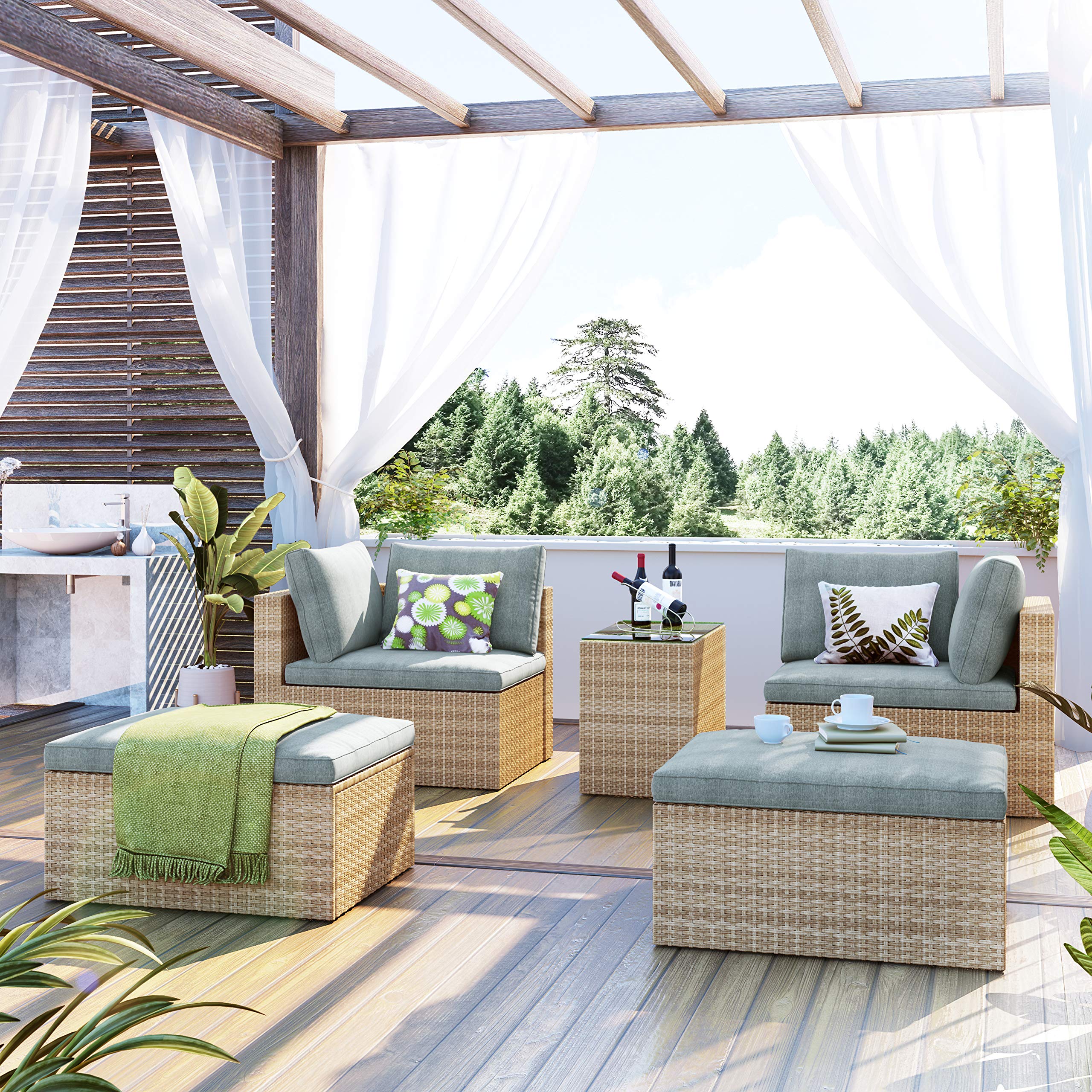 LZ LEISURE ZONE 5-Piece PE Rattan Wicker Outdoor Patio Conversation Set with Sofa, Coffee Table, Ottomans & Cushions - Perfect for Backyard, Garden, Poolside & Outdoor Relaxation