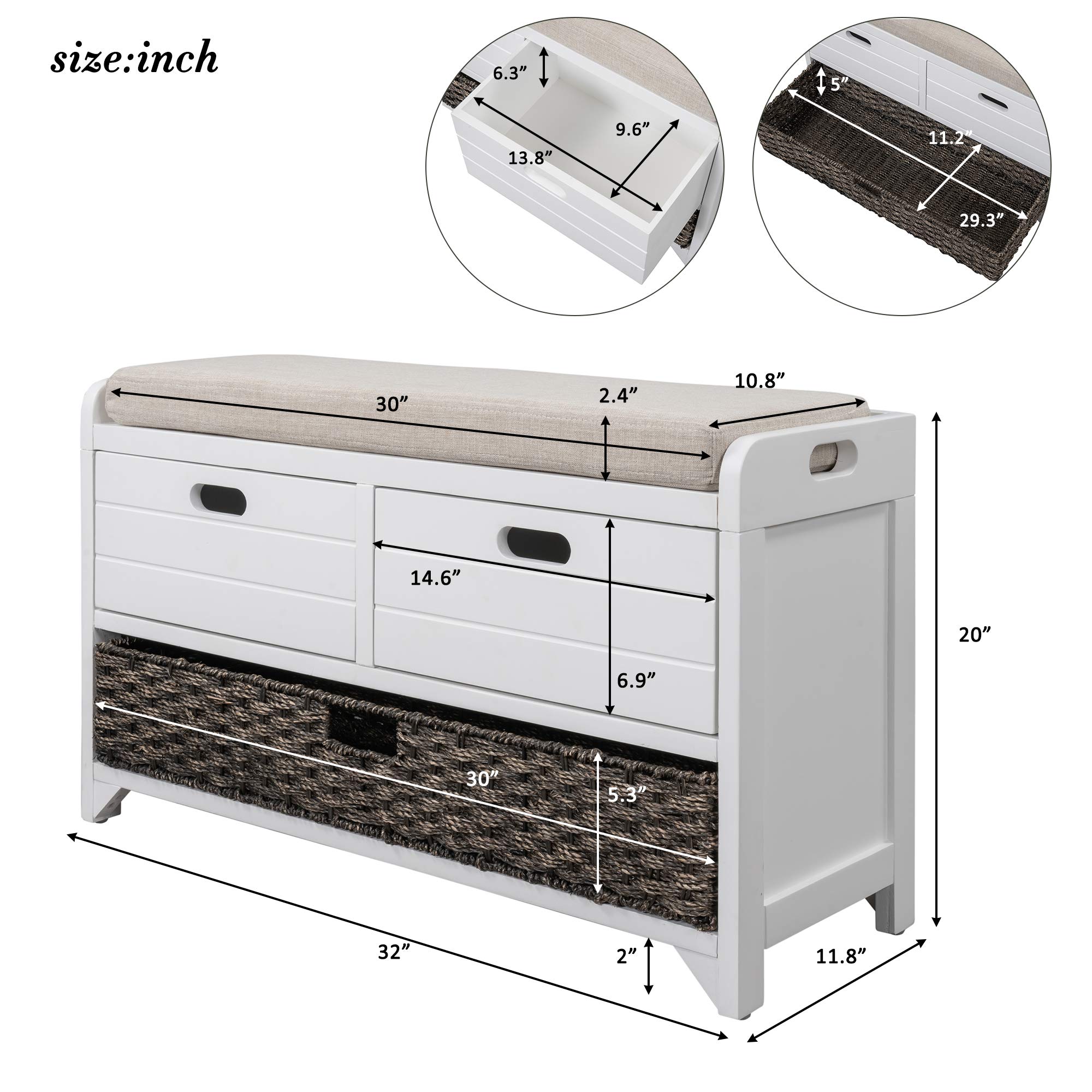 Rhomtree Shoe Storage Bench with Removable Basket & 2 Drawers - Fully Assembled Entryway Bench with Cushion for Hallway, Living Room, Bedroom - White - Perfect for Organizing Shoes & Adding Seating in Small Spaces