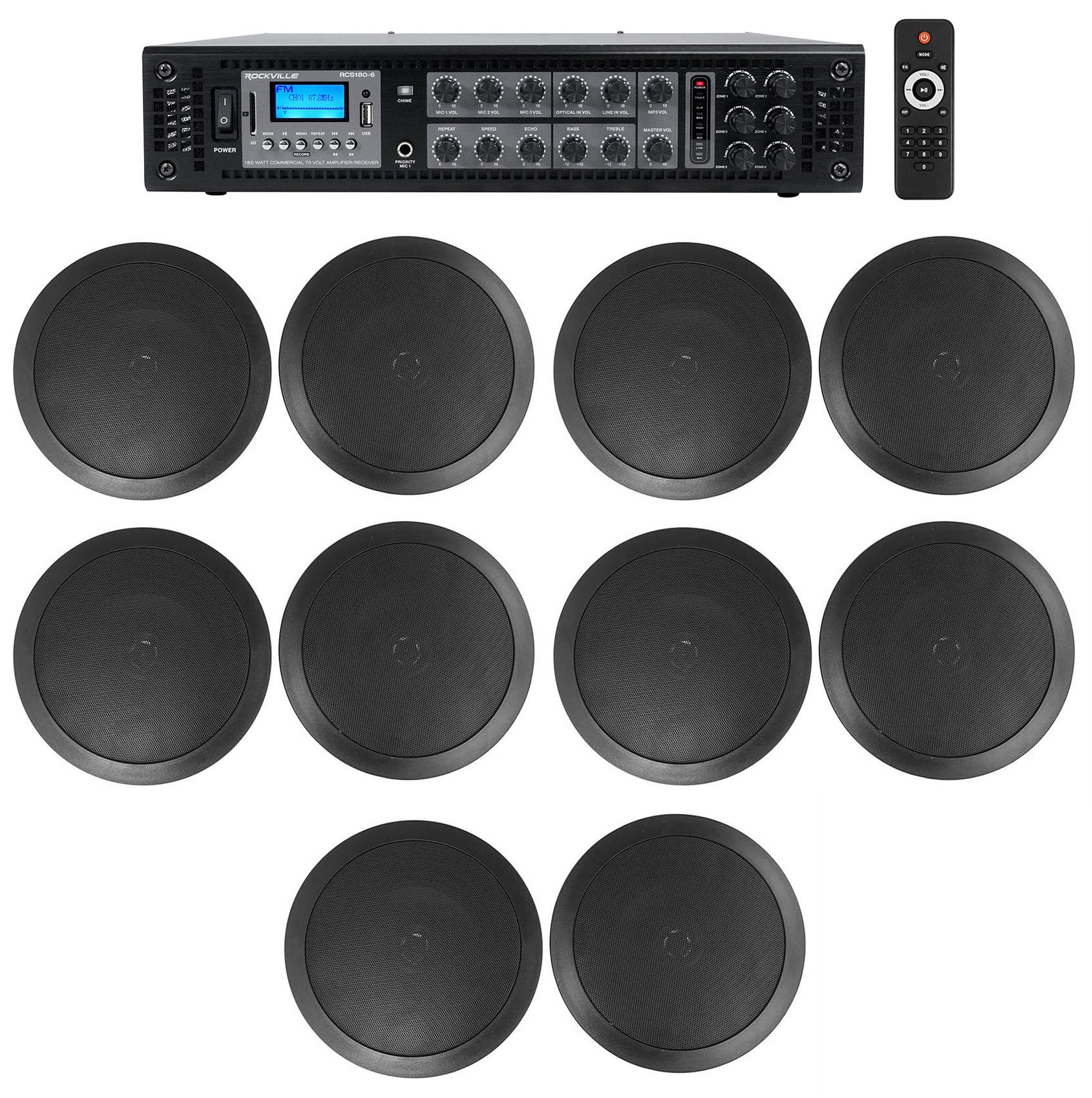 Rockville 6-Zone Commercial Amplifier + (10) 6.5