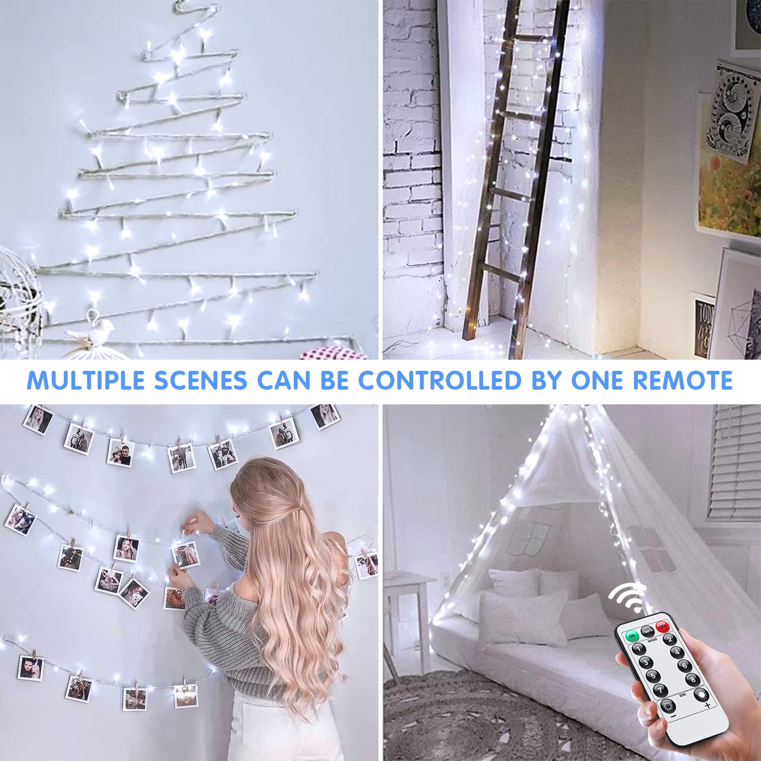 JMEXSUSS 33ft 100 LED White Battery Operated String Lights - Waterproof Outdoor Fairy Lights with Remote Control, 8 Lighting Modes for Christmas Decorations, Wedding, Bedroom, Tree & Garden Party Lighting