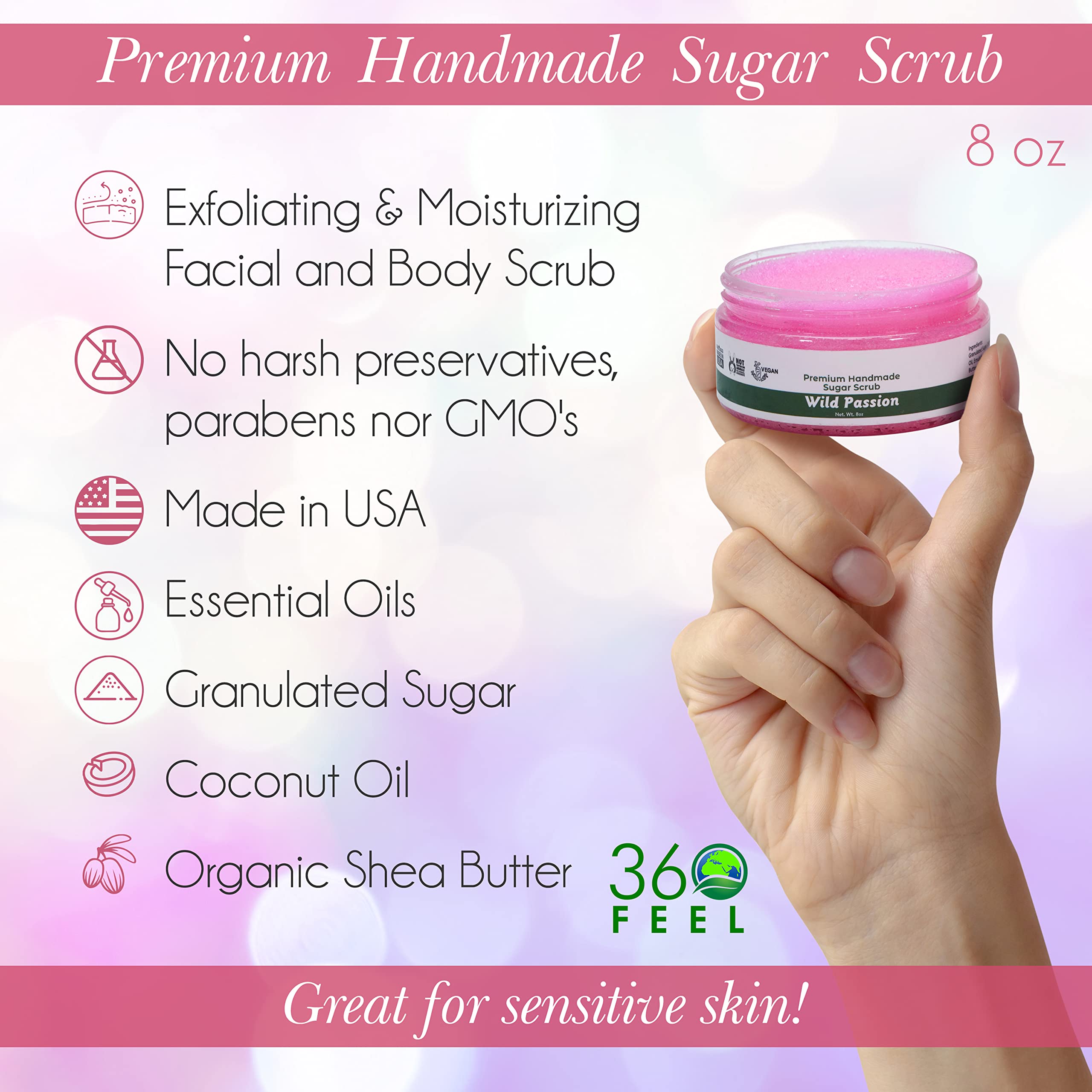 Wild Passion Sugar Body Scrub for Acne Scars & Stretch Marks - Exfoliating Foot & Body Scrub for Women - 8 fl oz - Perfect for Spa Day & At-Home Skincare Routine