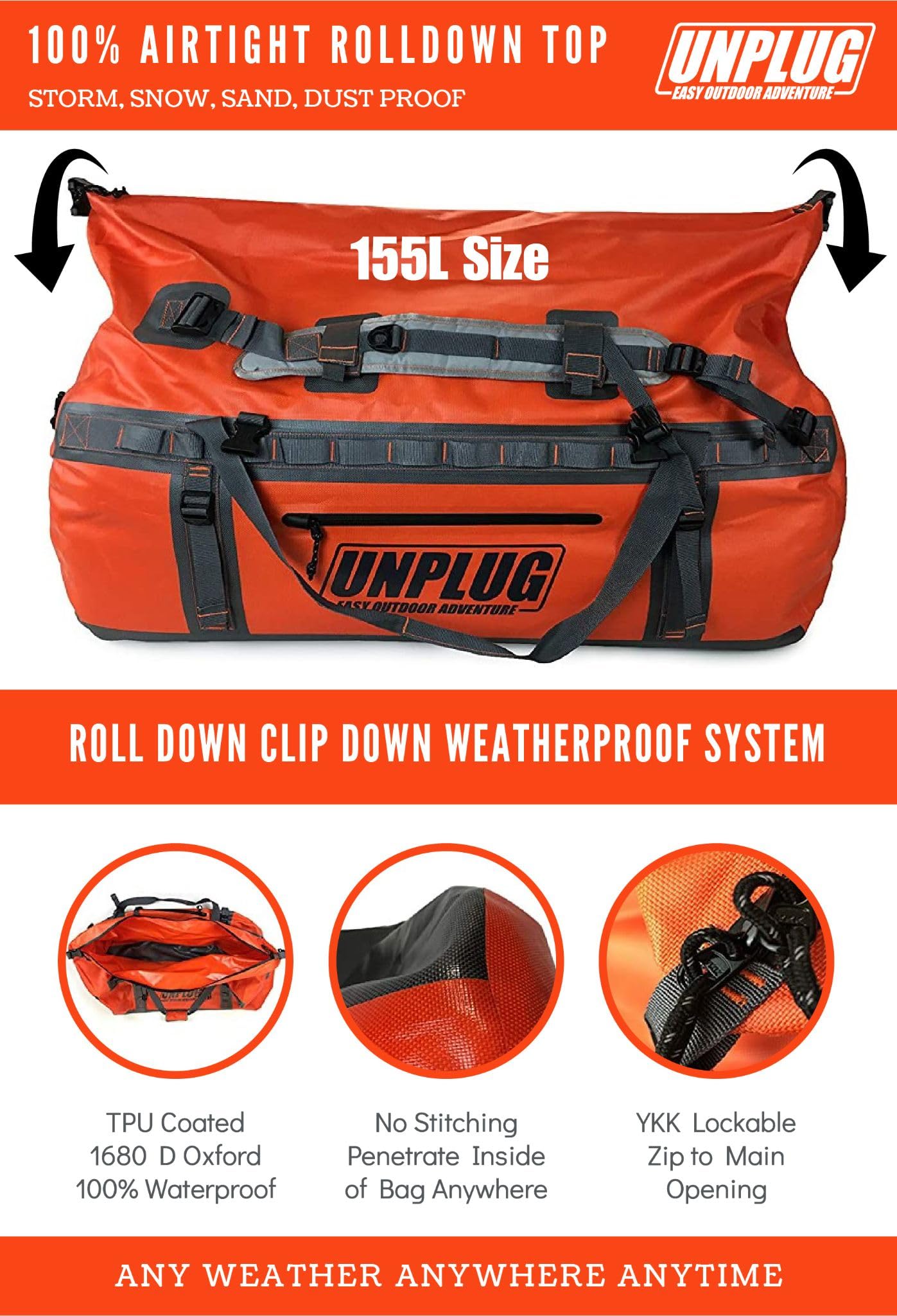 UNPLUG Ultimate Adventure Bag - 1680D Heavy Duty Waterproof Travel Duffel for Camping, Hiking, Motorcycle & Boating | Tactical Duffle Backpack for Outdoor Sports, Military Use & Water Activities