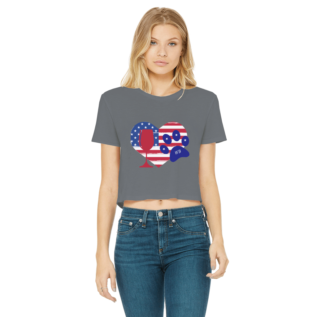 WineyBitches.Co Women's Cropped Raw Edge T-Shirt with Heart Paw Print - American Wine Lover Tee for Casual Outfits, Girls Night Out & Wine Tasting Events