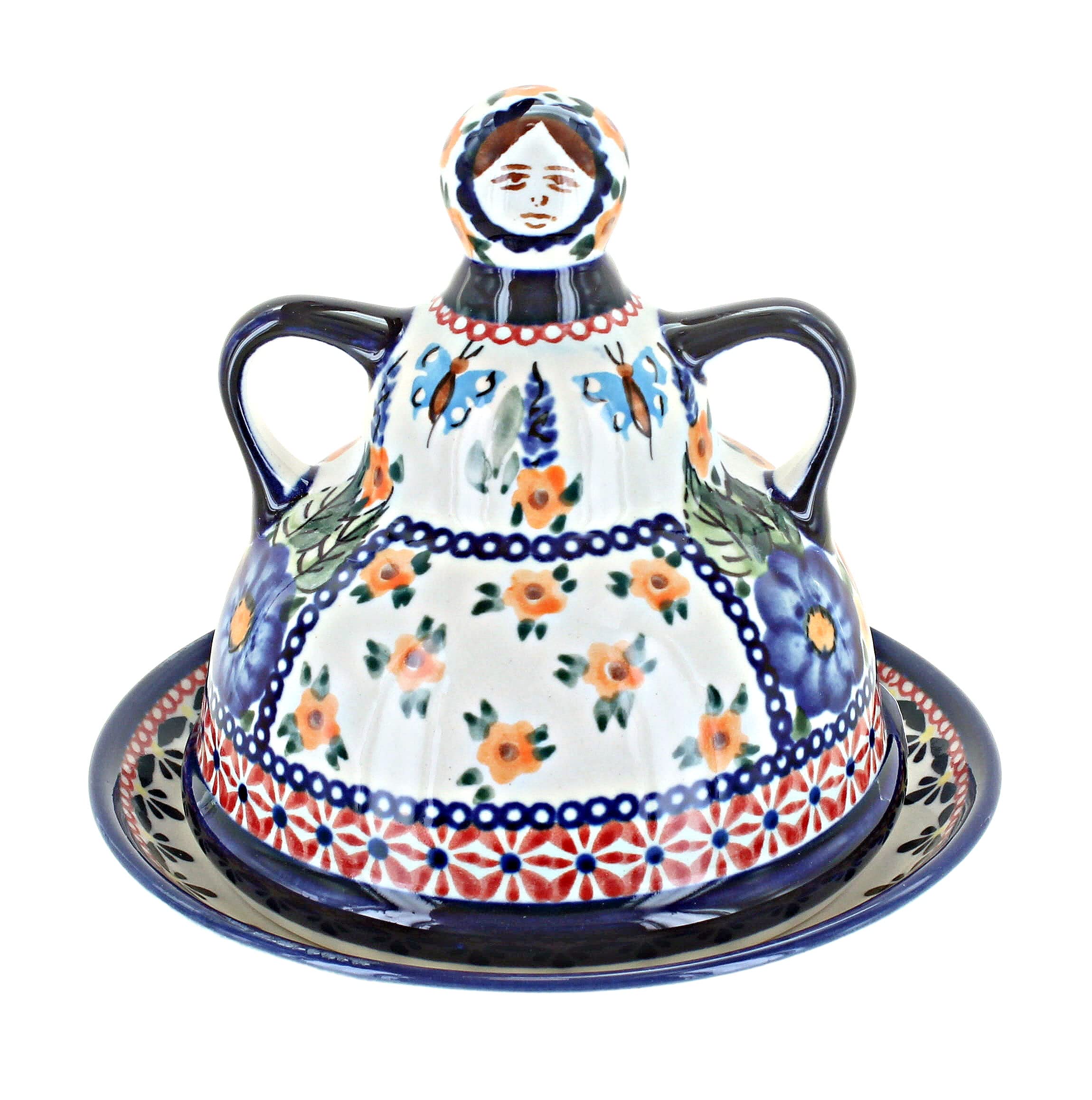 Hand-Painted Blue Rose Polish Pottery Small Cheese Plate with Floral Butterfly Design - Perfect for Cheese Serving, Dessert Display & Home Decor