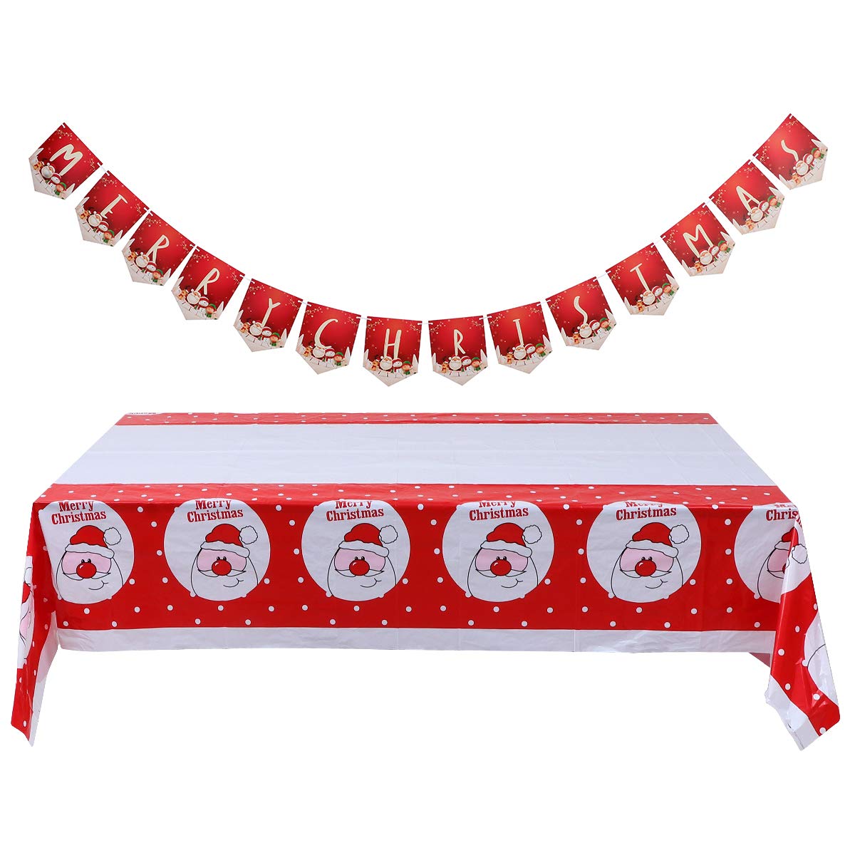 Amosfun 2Pcs Festive Santa Table Runner & Hanging Banner - Merry Christmas Decorations for Holiday Parties, Home Dining, Fireplace Mantel