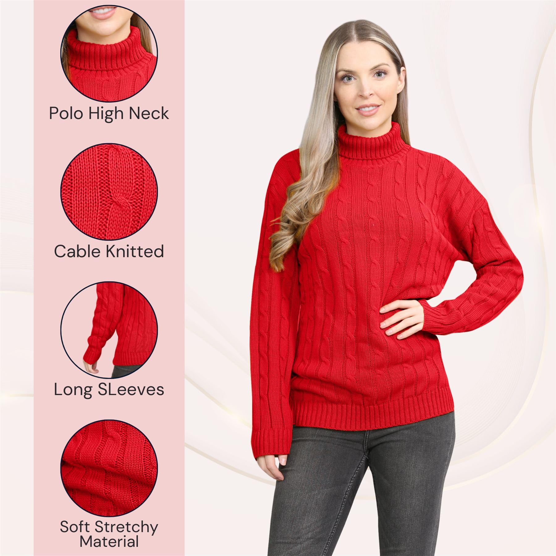 Janisramone® Women's Cable Knit Polo High Neck Jumper - Long Sleeve Turtle Neck Pullover Sweater for Winter, Casual Warm Tops (Size 8-26) | Perfect for Office Wear, Weekend Outfits & Cold Weather Fashion