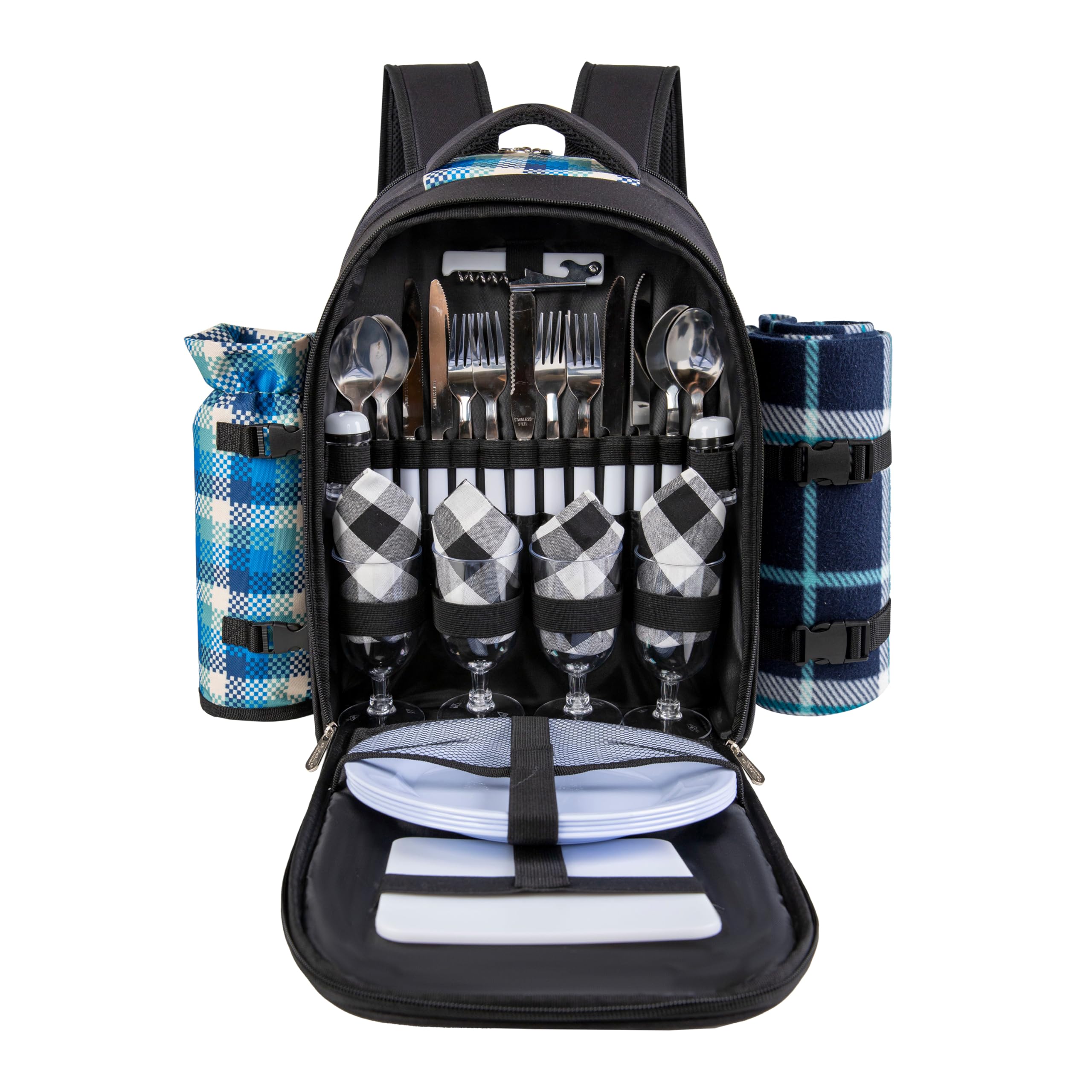 Apollo Walker 4-Person Picnic Backpack with Insulated Cooler Compartment, Detachable Wine Bottle Holder, Fleece Blanket & Complete Cutlery Set (Black) - Perfect for Outdoor Picnics, Beach Trips, Camping and Family Gatherings