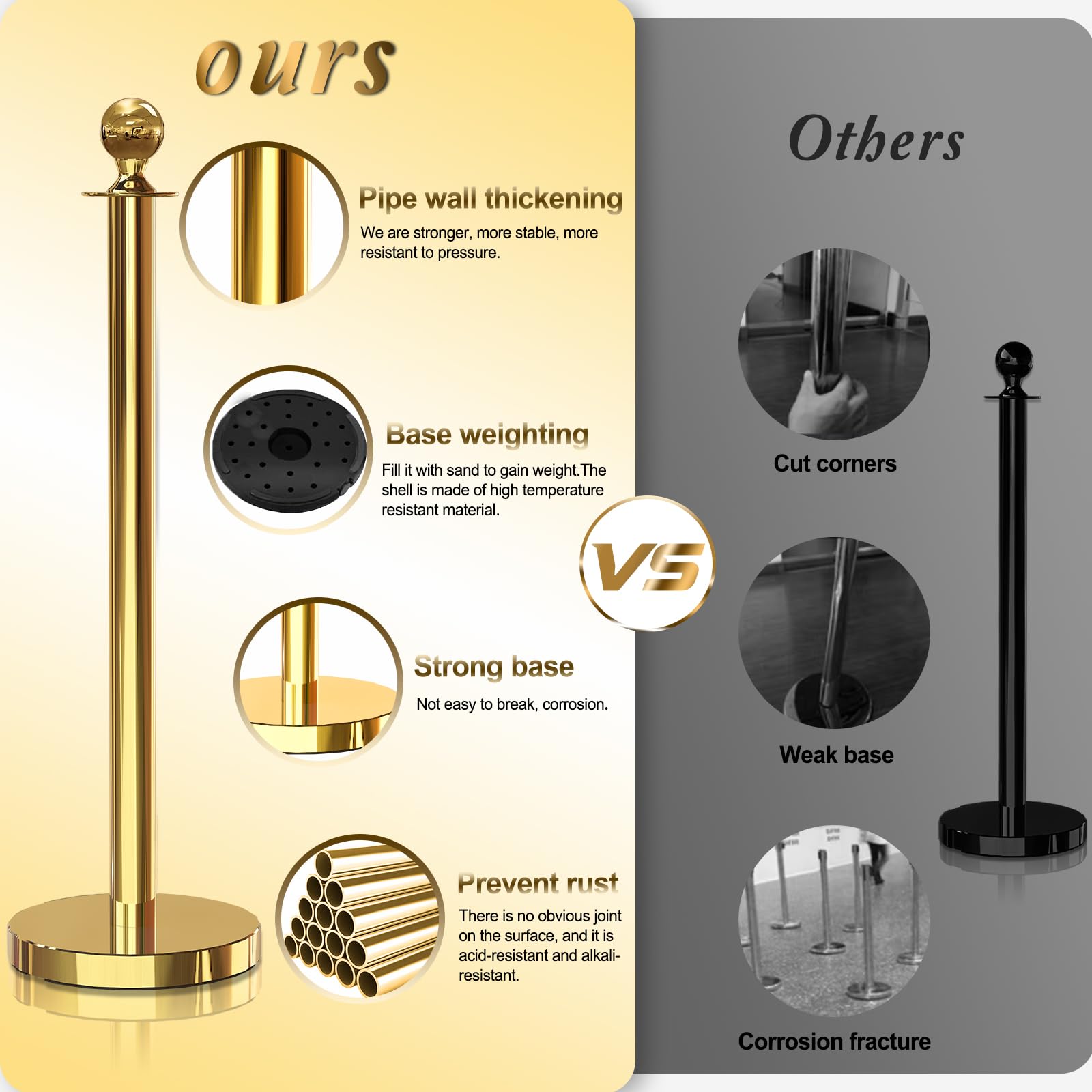 6-Piece Gold Stanchion Posts with 4-Piece 5 ft Red Velvet Rope - Premium Crowd Control Barrier Set for Events, Parties & VIP Areas | Red Carpet Poles for Weddings, Concerts & Corporate Functions