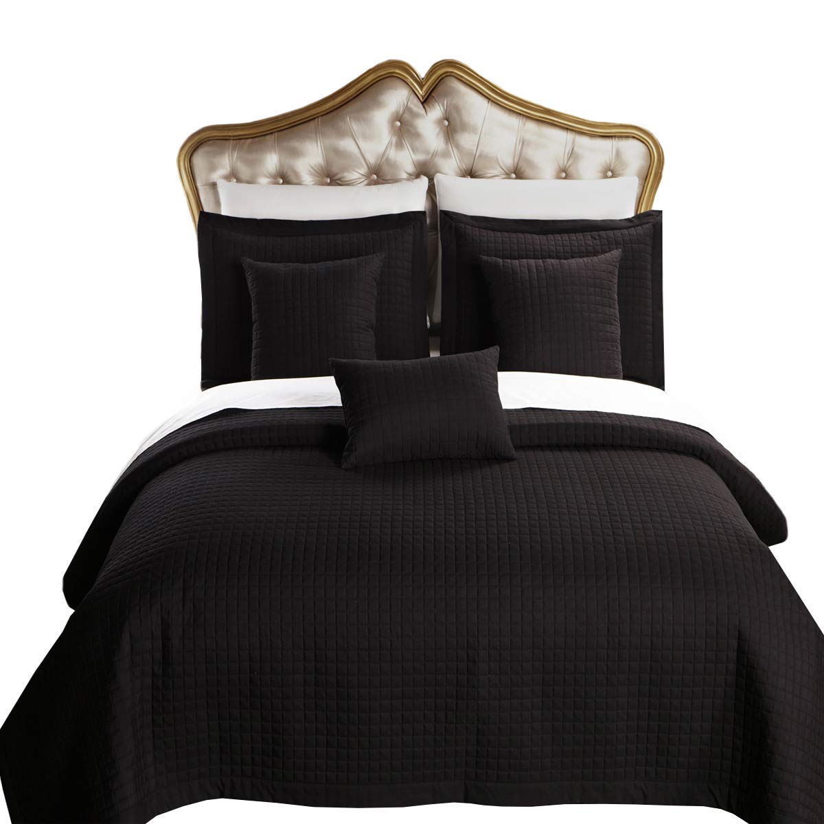 Royal Hotel Bedding Quilt Set 7-Piece - Full Size Checkered Black Quilt with Sheets & Coverlet | Luxury Bedspread for Guest Rooms, Vacation Homes & Cozy Bedrooms