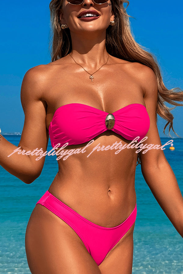 Solid Color Metal Button Stretch Two-Piece Bikini Swimsuit for Women - Beach, Pool, Vacation & Summer Fashion