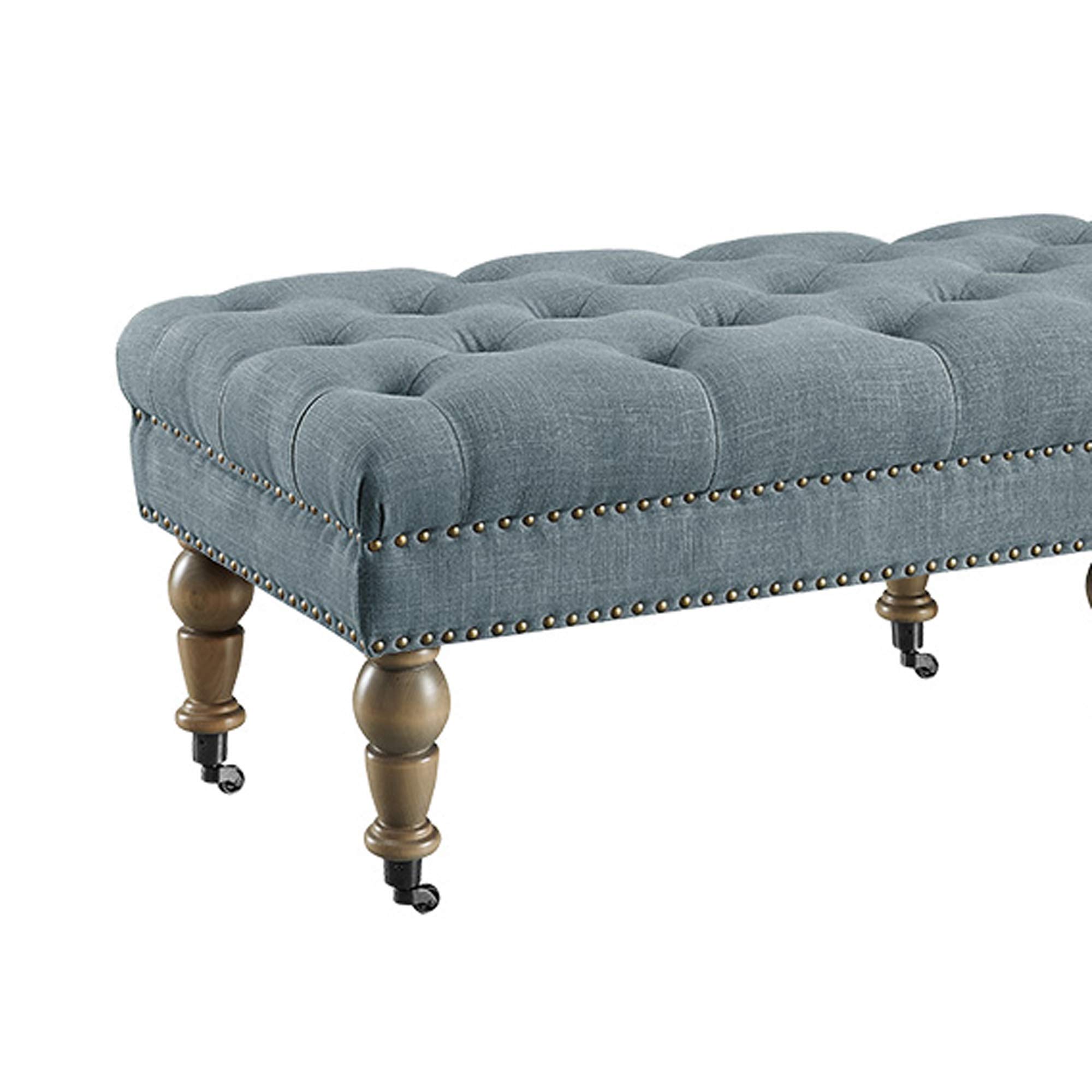 Benjara Button Tufted Upholstered Bench with Caster Wheels - Brown and Blue Velvet Storage Ottoman for Bedroom, Living Room, Entryway