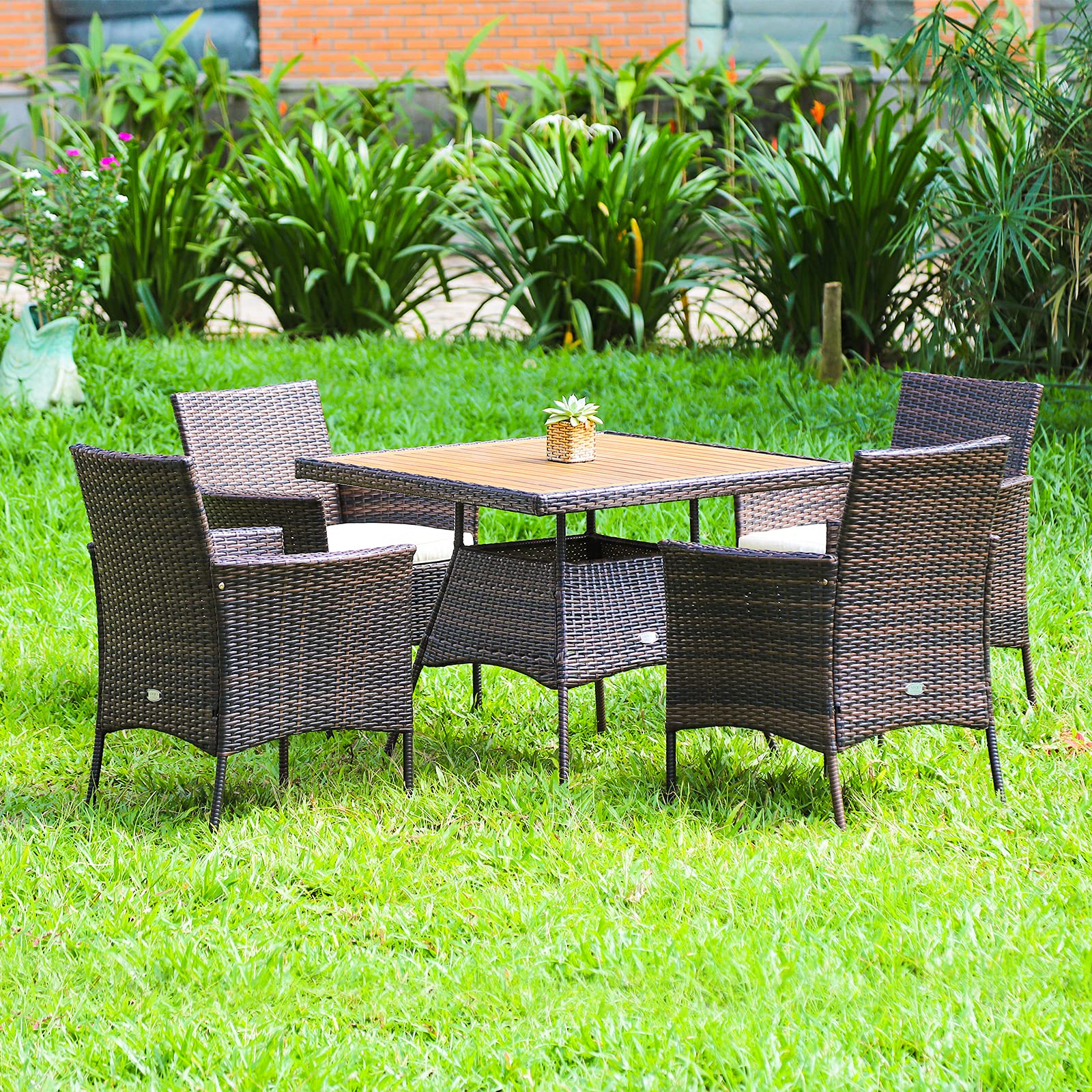 Tangkula 5-Piece Wicker Patio Dining Set - Acacia Wood Outdoor Furniture with 4 Arm Chairs & 1 Table, Rattan Conversation Set with Cushions & Umbrella Hole - Perfect for Backyard, Garden, Porch, Poolside & Outdoor Entertaining