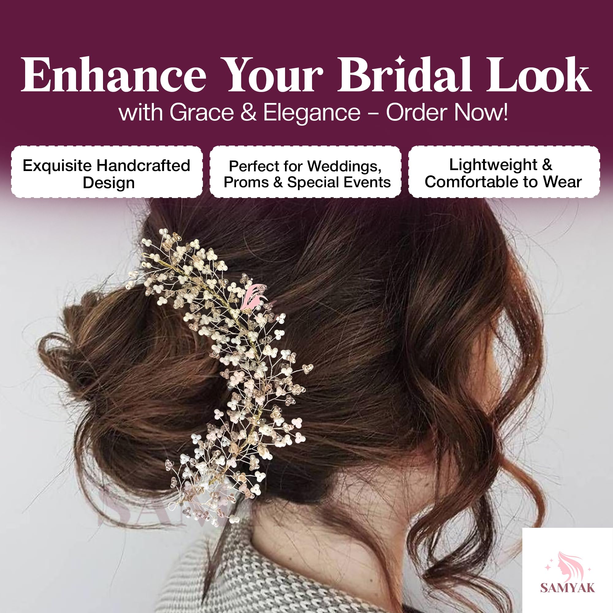 Samyak Crystal Pearl Hair Tiara Headband - Elegant Bridal Hair Accessory for Women | Wedding, Bridesmaid, Prom, Party | Sparkling Hair Vine with Pearls for Updo, Bun, or Half-Up Styles (Pink, 1 Pack)