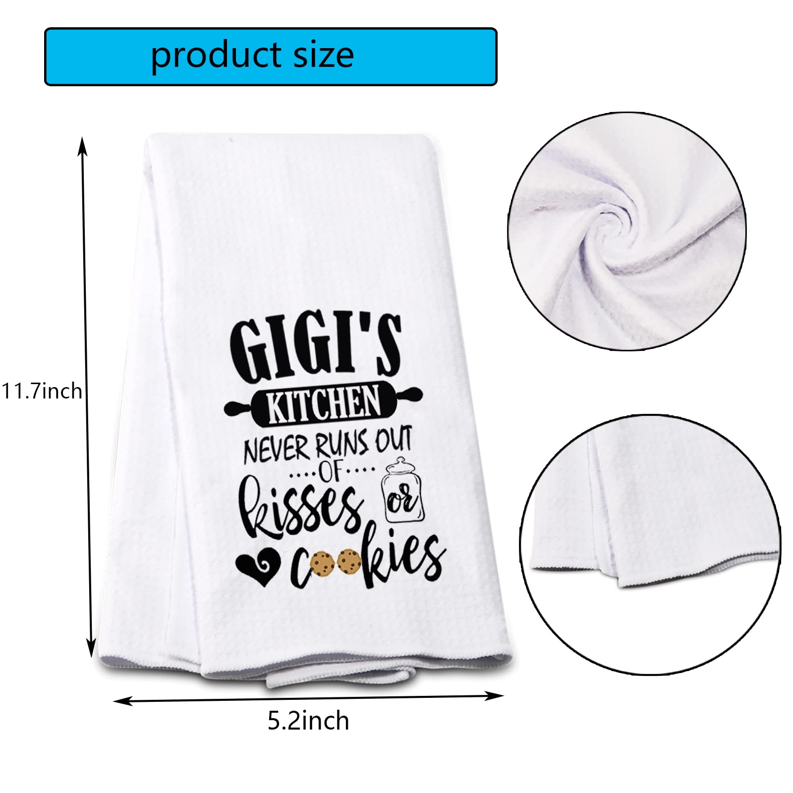 POFULL Gigi Tea Towel - Cute Kitchen Dish Towel for Grandma, Mothers Day Gift - Never Runs Out of Kisses & Cookies - Perfect for Baking, Cooking & Home Decor