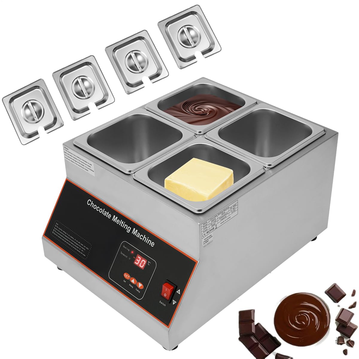 110V Electric Chocolate Tempering Machine - 26.46 Lbs Capacity, 4 Tanks Stainless Steel Chocolate Melter with Precise Temperature Control (32~203°F) - Perfect for Melting Chocolate, Milk, Cream - Ideal for Bakeries, Candy Shops & Home Chocolate Making