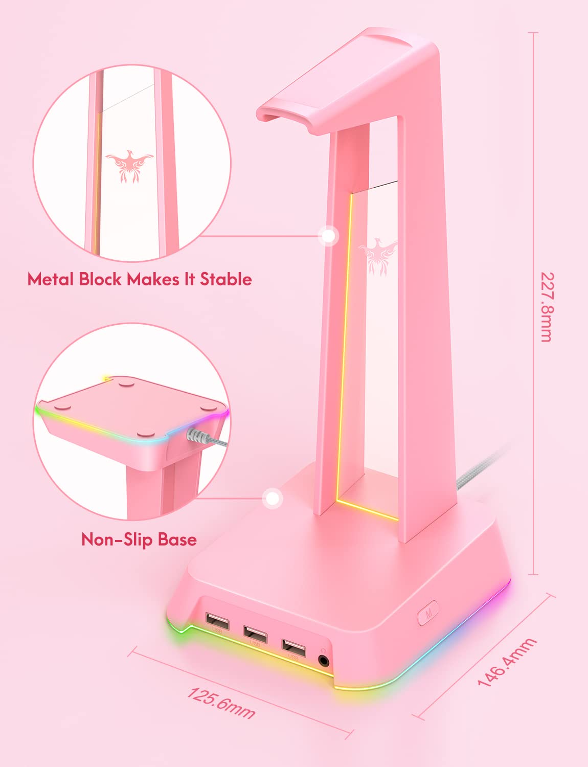 PHNIXGAM RGB Gaming Headphone Stand with 3.5mm AUX & 3-Port USB 2.0 Hub - Universal Headset Holder for PC, PS5, Xbox - Perfect for Gamers & Streamers (Pink) - Organize Your Gaming Setup & Charge Devices