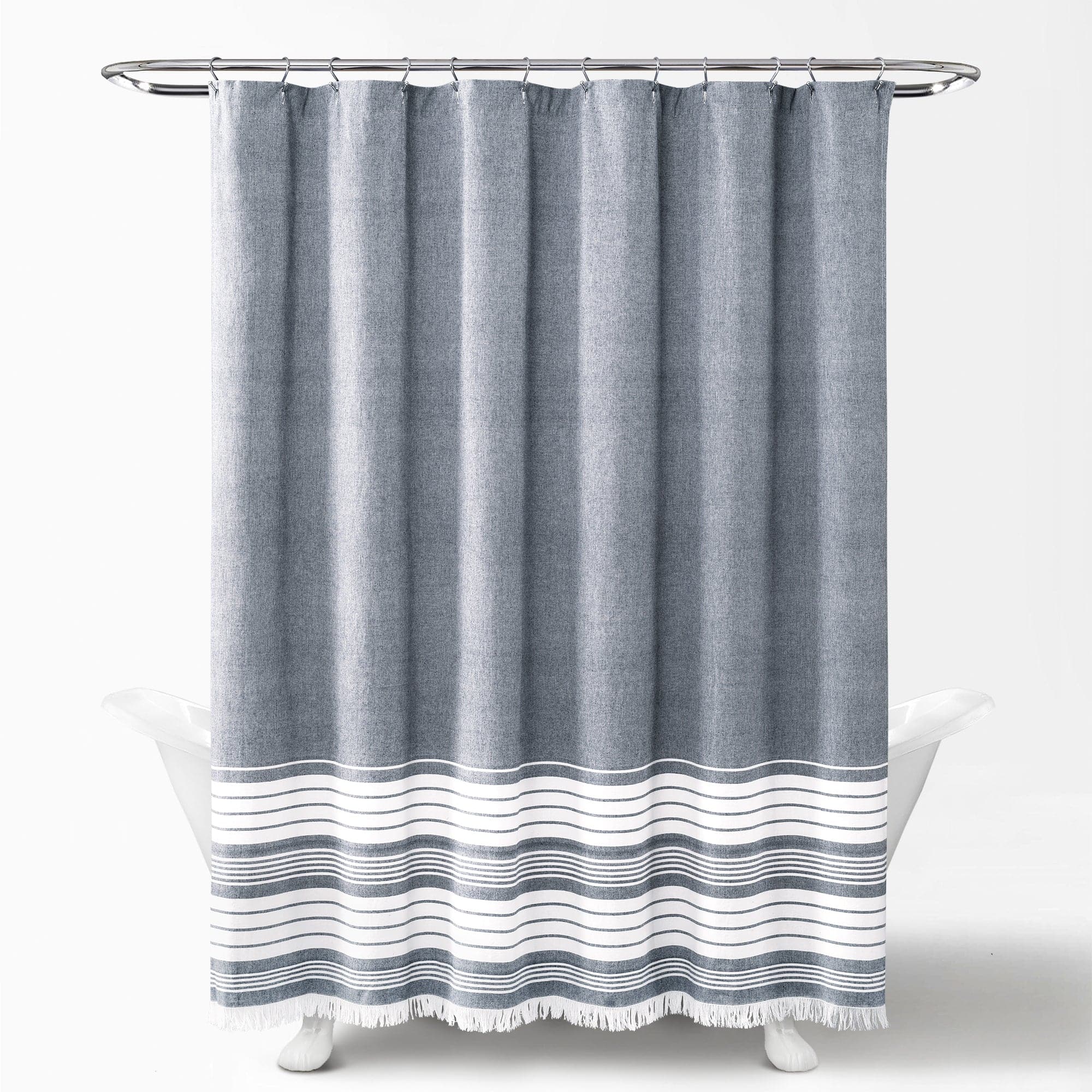 Nantucket Yarn Dyed Tassel Fringe Shower Curtain - Coastal Bathroom Decor for Beach House, Farmhouse & Boho Style