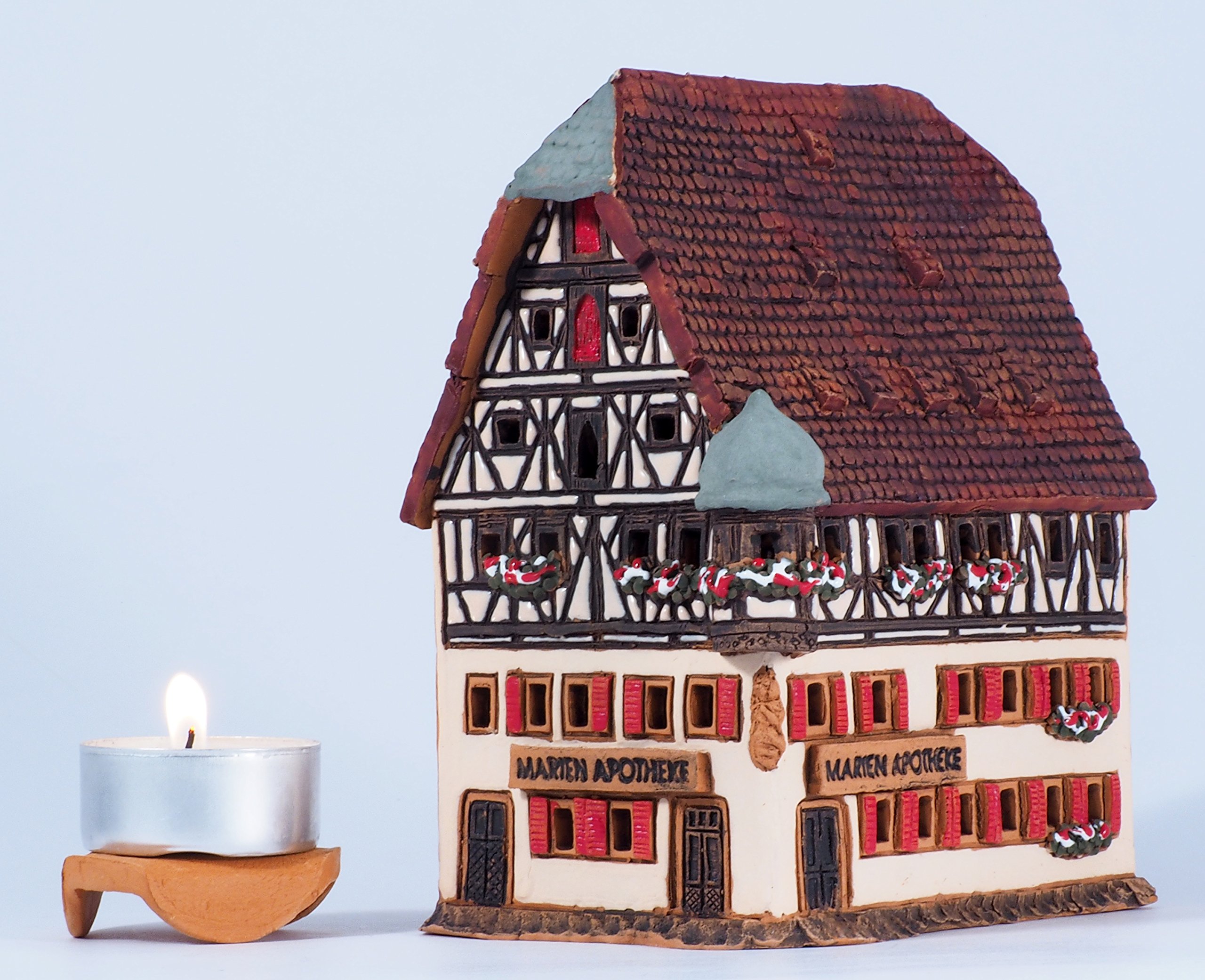 Handmade Ceramic Miniature House Tea Light Candle Holder - Replica of Historic Marienapotheke in Rothenburg Germany - Unique Home Decor Gift for Christmas, Wedding, Table Centerpiece & Cozy Ambiance