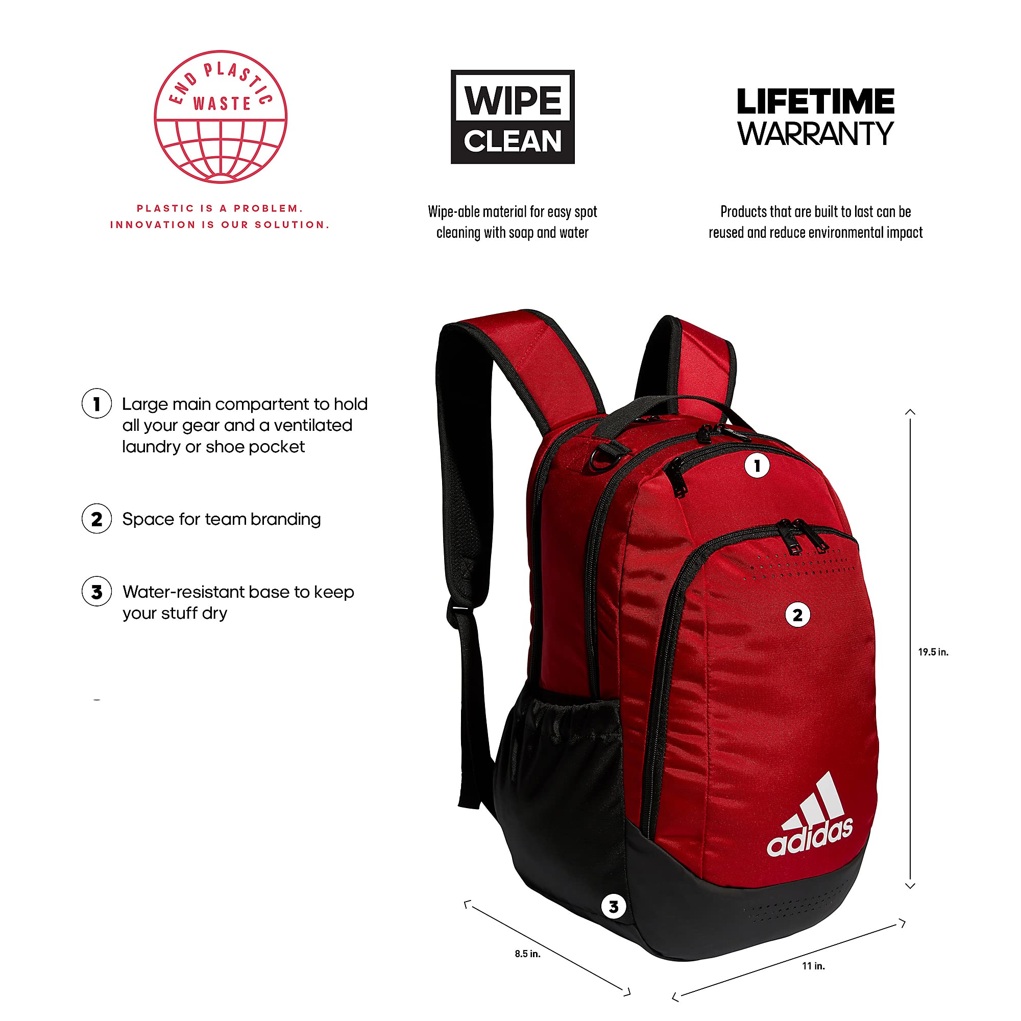 adidas Defender Sports Backpack for Men & Women - Durable Team Power Red Gym Bag with Laptop Compartment | Perfect for Workout, Travel & School