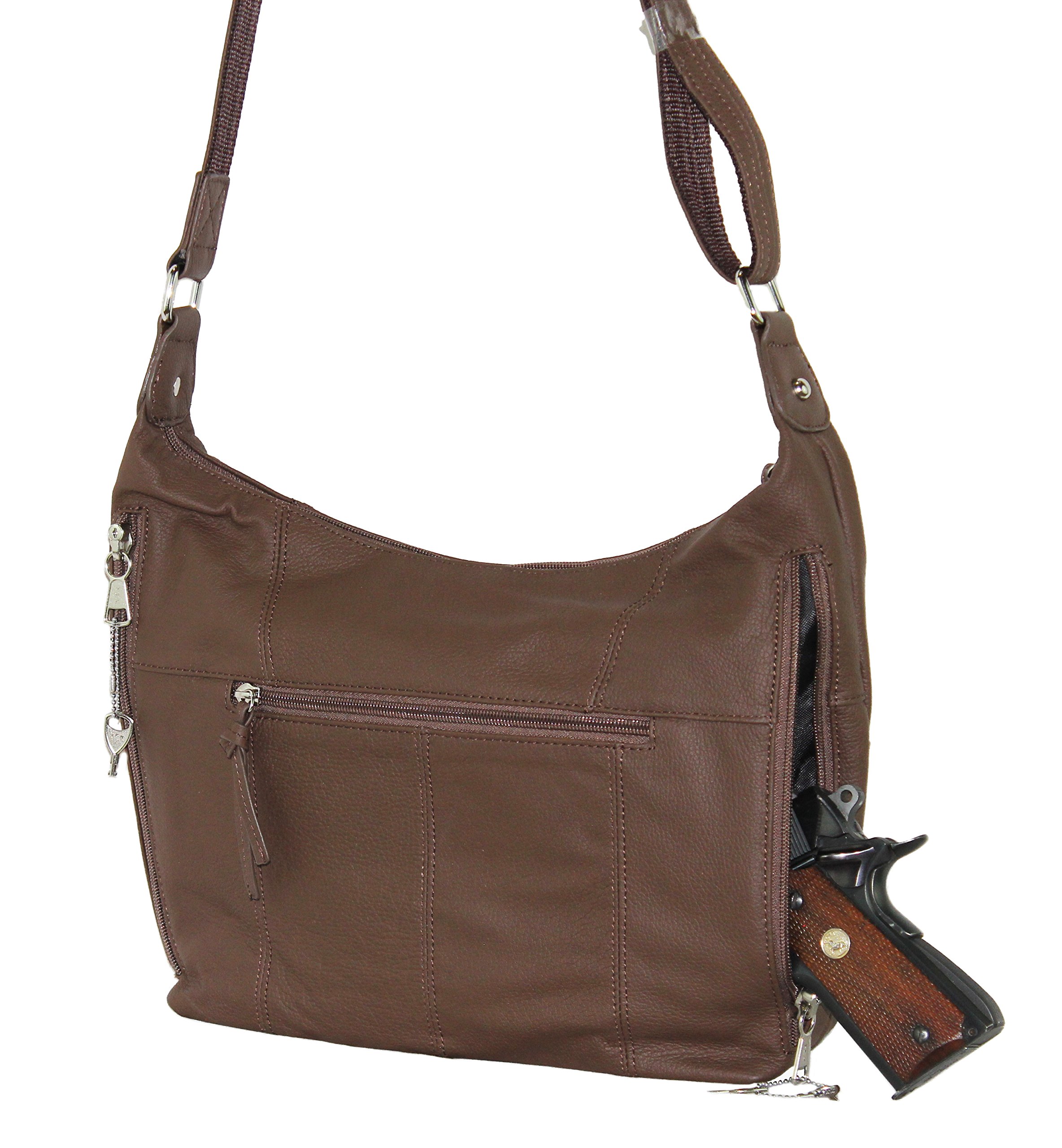 Concealed Carry Purse for Women - Stylish Studded Leather Gun Handbag with Front Pocket - Ambidextrous Left & Right Hand Draw - CCW Approved by Roma Leathers (Brown) - Perfect for Everyday Safety & Fashion