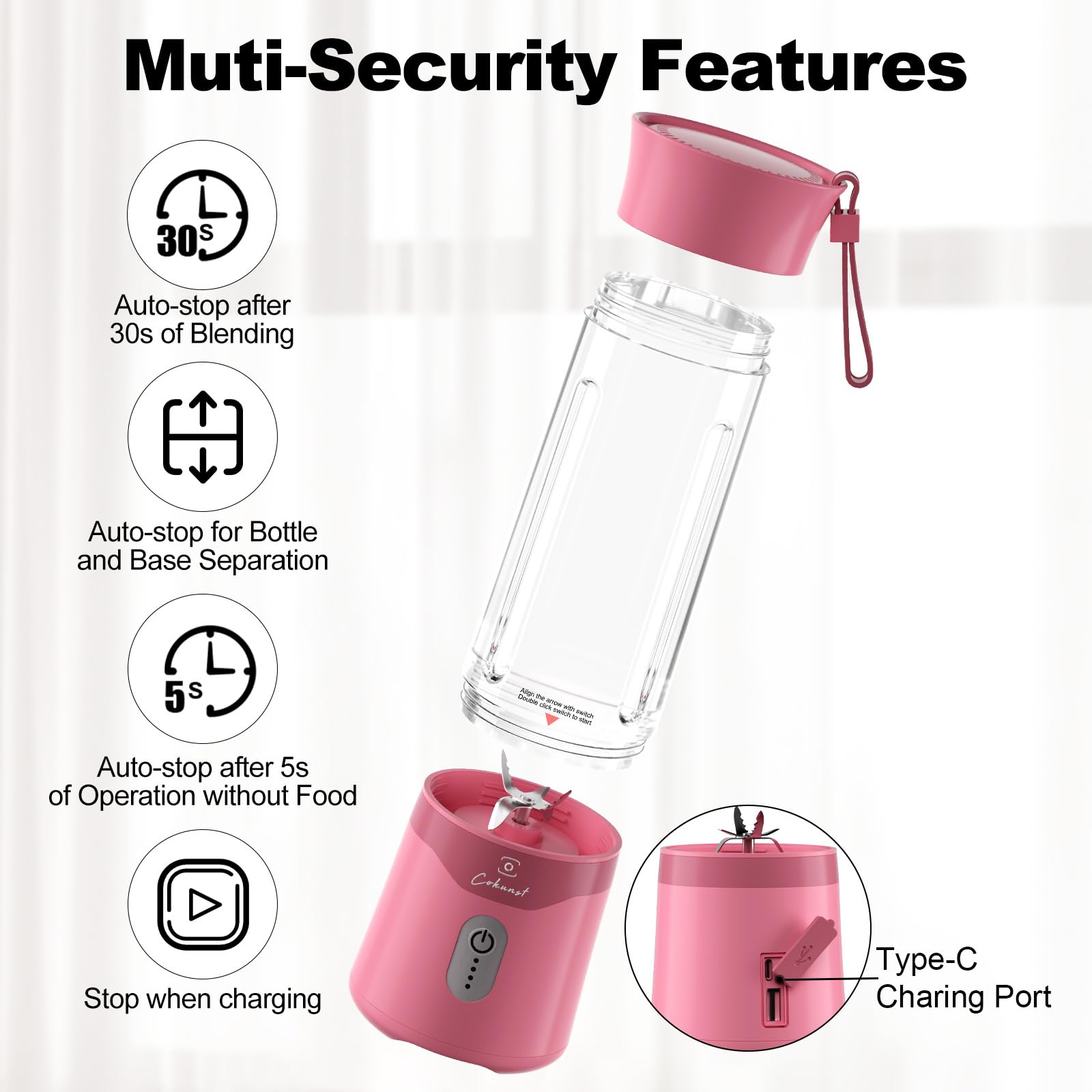 COKUNST 18oz Portable Blender - USB Rechargeable Personal Smoothie Maker with 6 Stainless Steel Blades for Protein Shakes, Juices & Healthy Drinks - Compact Travel Blender with Handle Lid - Perfect for Gym, Office, Hiking & Outdoor Activities - Pink