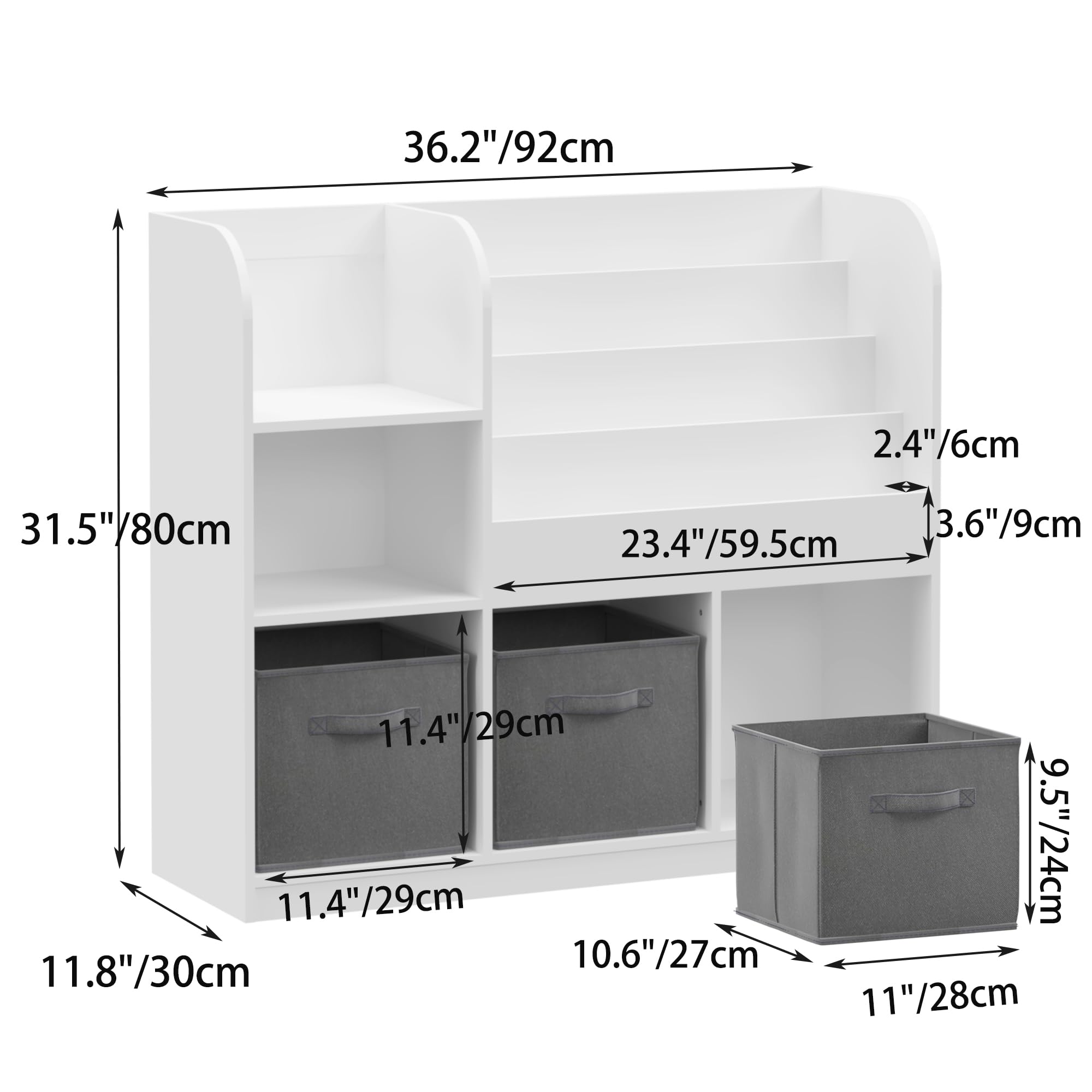 CCKO Kids Bookcase with 3 Movable Fabric Drawers - Multifunctional Bookshelf & Toy Storage Organizer for Nursery, Playroom, Bedroom - White/Gray Display Shelf for Books, Toys & Room Decor