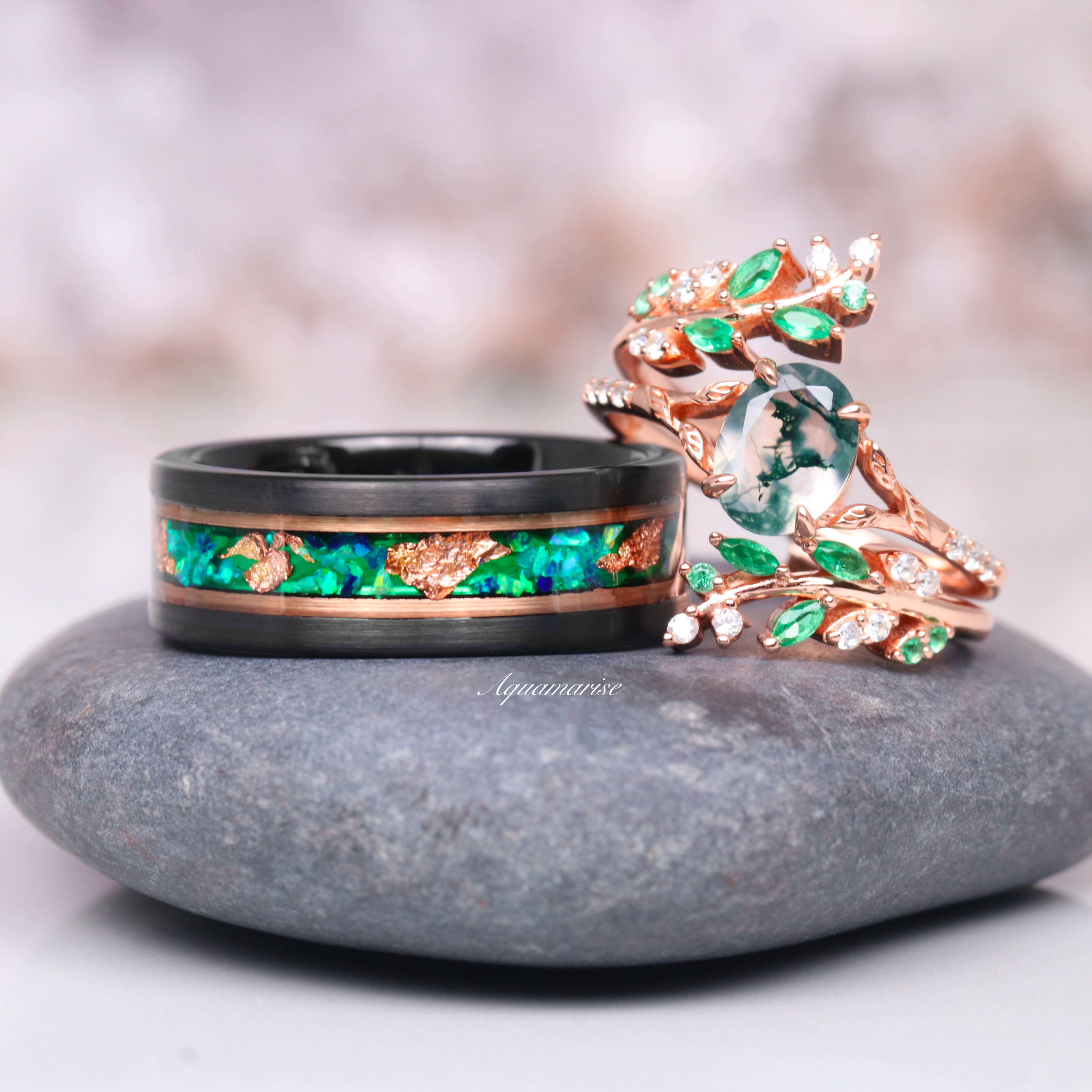 Elegant Green Fire Opal & Rose Gold Leaf Wedding Band - 6MM or 8MM Rose Gold Black Tungsten Ring for Women - Perfect for Engagement, Anniversary & Romantic Occasions