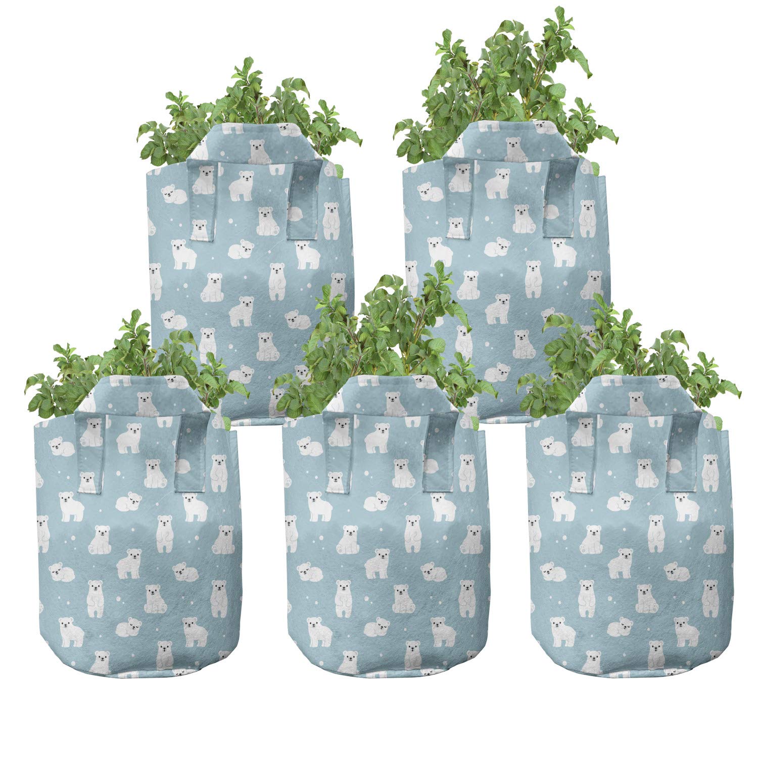 Ambesonne 5-Pack Cartoon Polar Bear Grow Bags - Heavy Duty Fabric Plant Pots with Handles for Indoor/Outdoor Gardening - Pale Blue & White Design - Perfect for Vegetables, Flowers, and Herbs in Home Gardens, Balconies, or Greenhouses