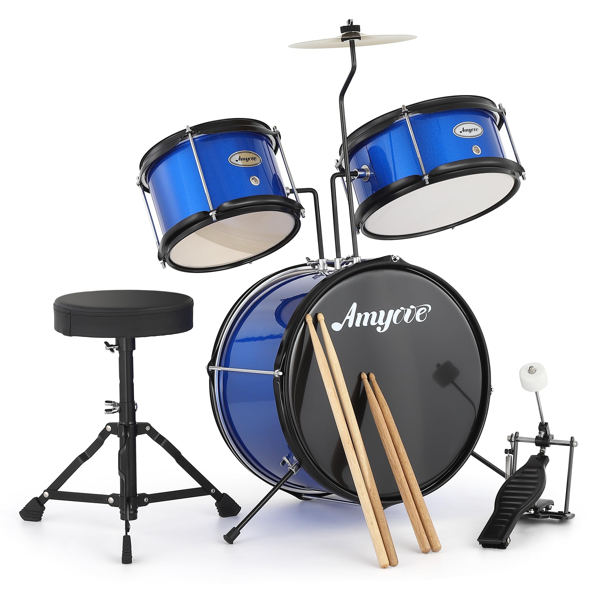 **3-Piece Kids Drum Set for Beginners - Blue Junior Drum Kit with Cymbal, Tom, Bass Drum, Drumsticks & Pedal - Includes Adjustable Drum Stool - Perfect for Boys & Girls Learning Music at Home or School**