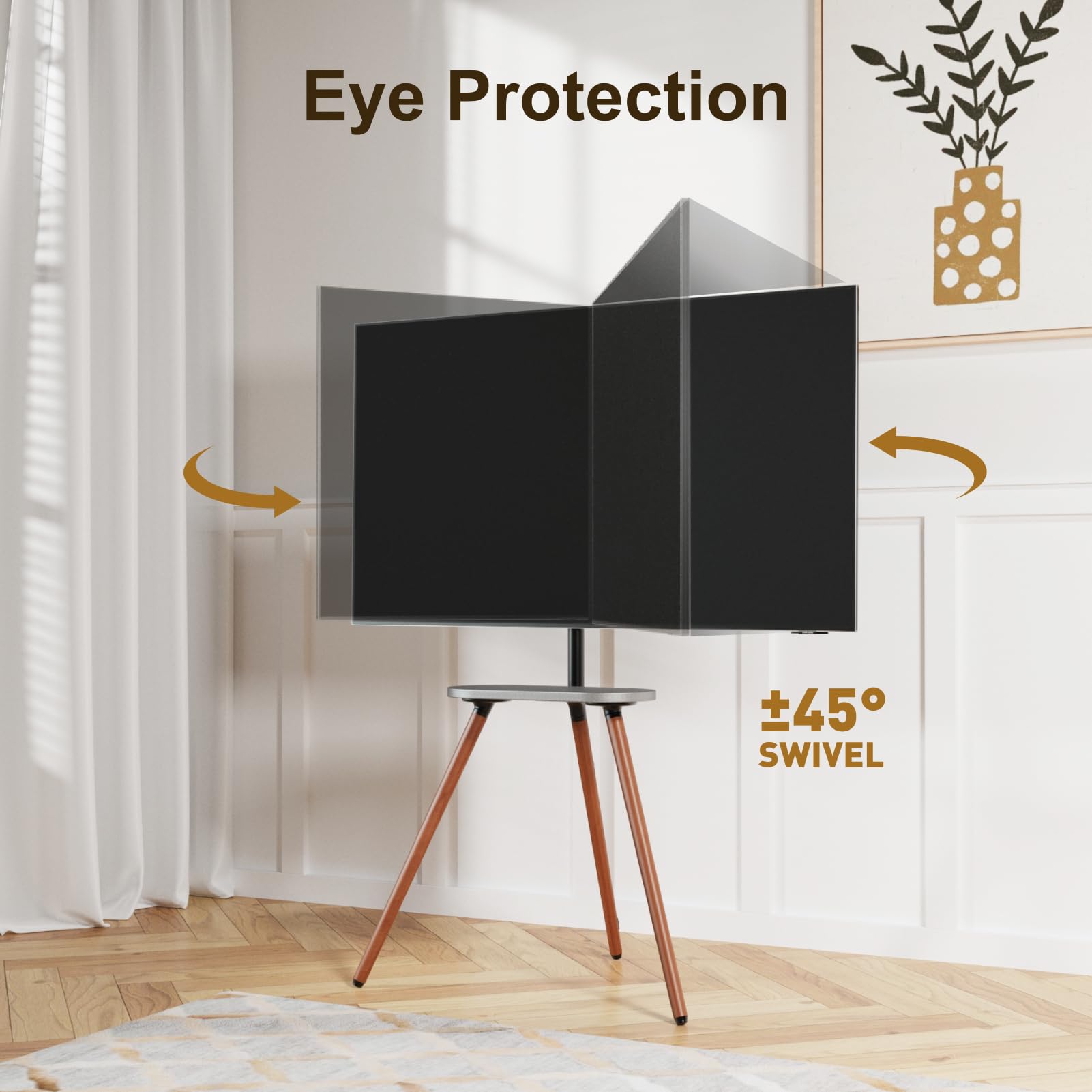 Adjustable Tripod TV Stand for 40-65 Inch LCD LED OLED Screens - Swivel & Height Adjustable Floor TV Mount with Wooden Tray - VESA 400x400mm - Minimalist Black Walnut Design - Perfect for Living Rooms, Bedrooms & Home Theaters
