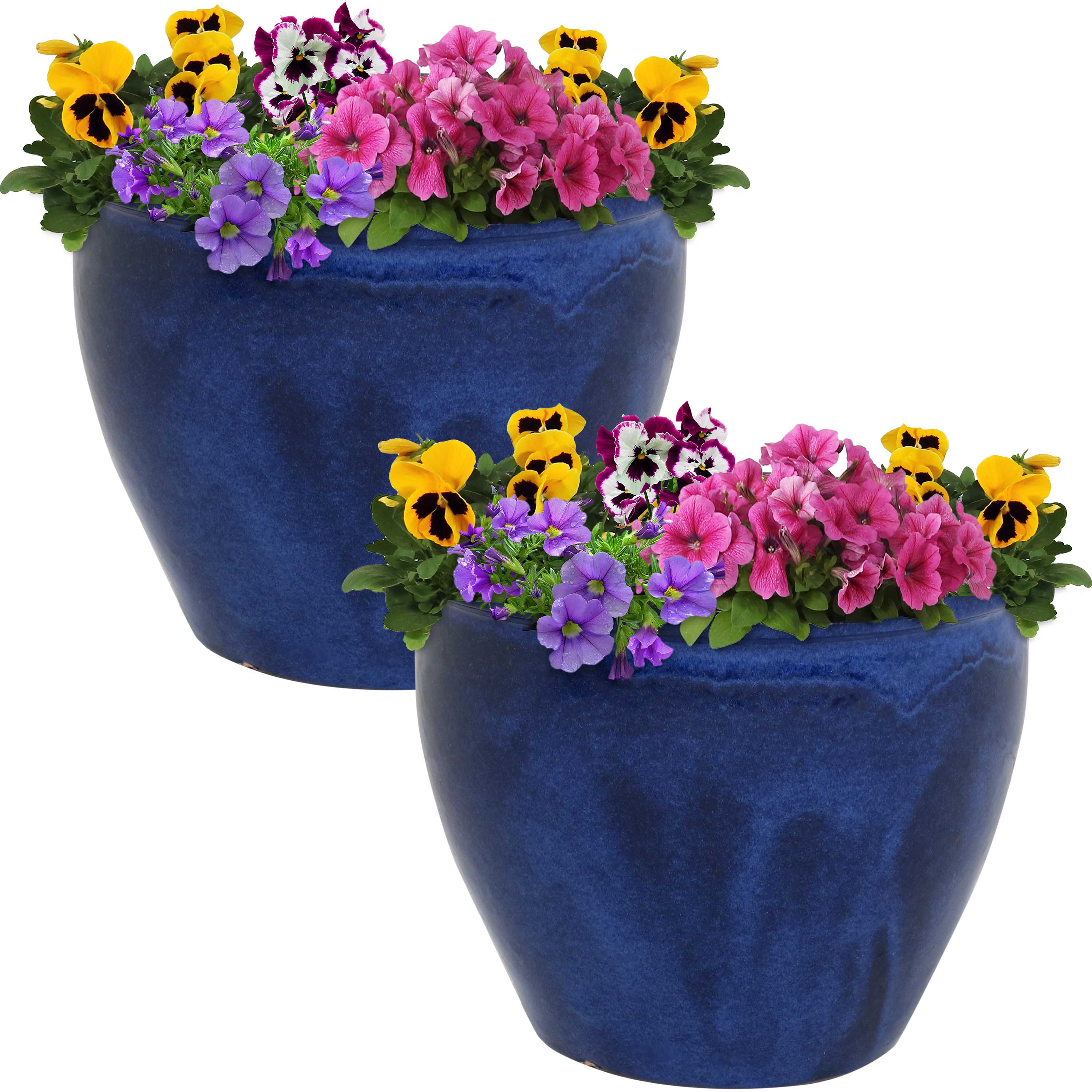 Sunnydaze Chalet Glazed Ceramic Plant Pots with Drainage Holes - Set of 2, Indoor Outdoor Garden Decor for Flowers, Succulents, Herbs - Perfect for Patio, Balcony, and Home Décor