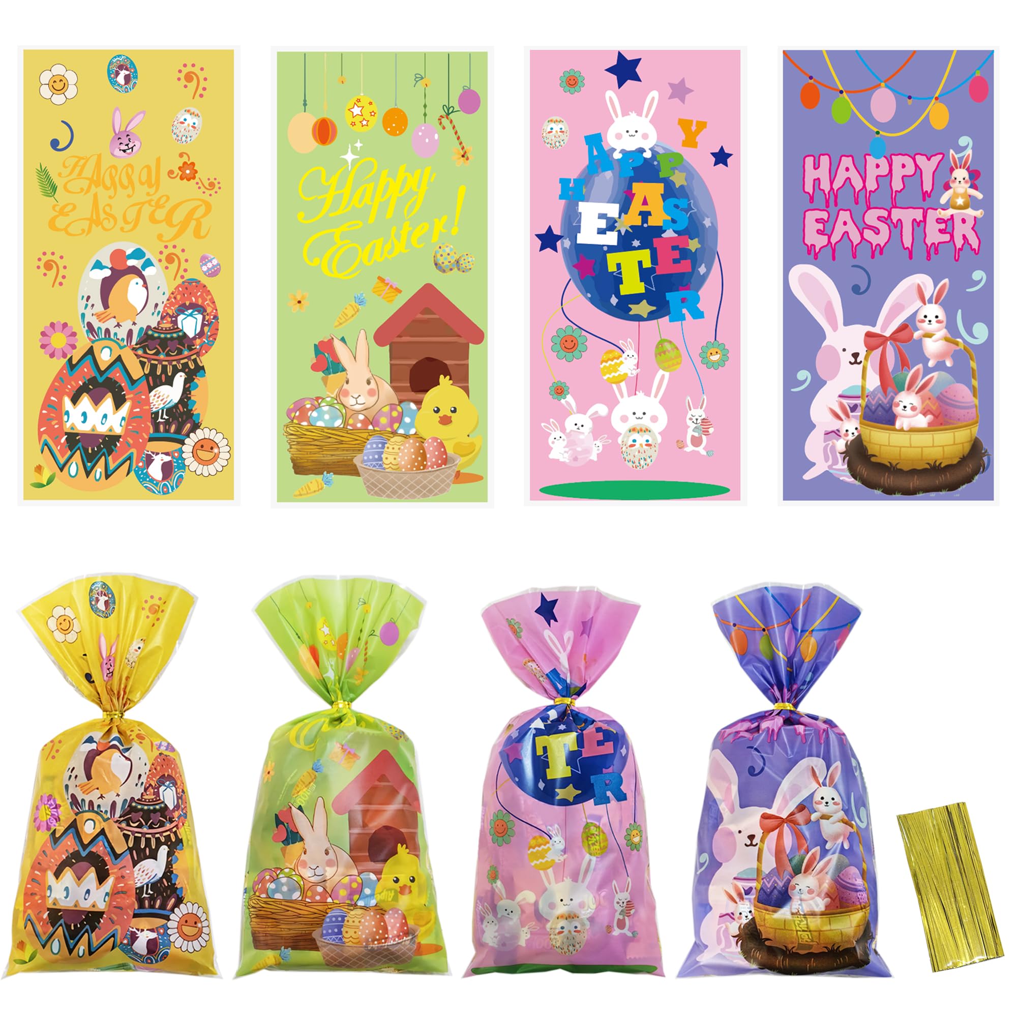 100-Pack Easter Cellophane Treat Bags with Ties - Colorful Plastic Goodie Bags for Candy, Party Favors & Easter Gift Giving - Perfect for Easter Egg Hunts, Classroom Treats & Holiday Celebrations