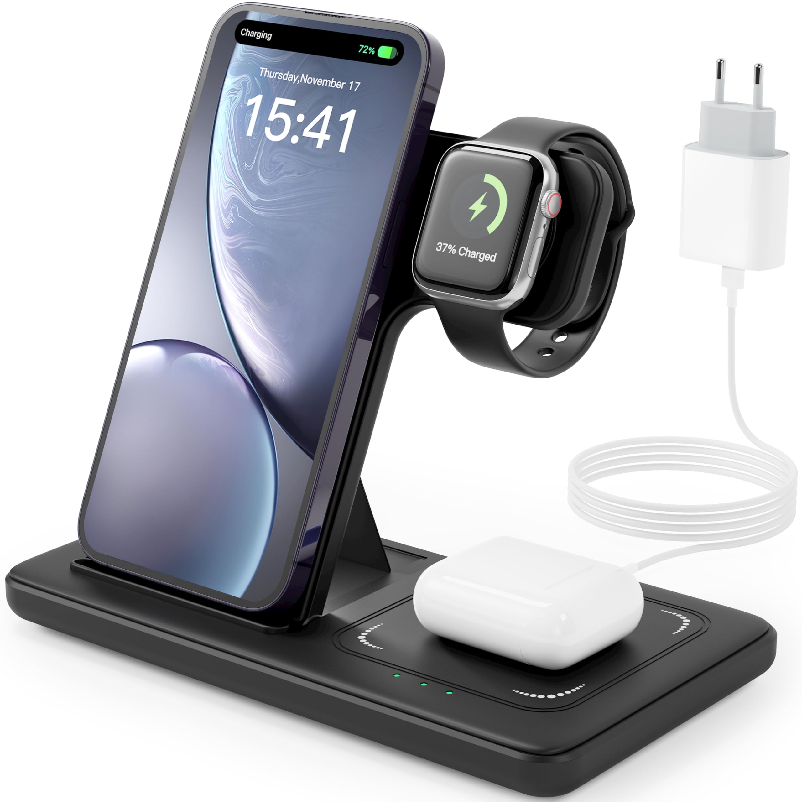 3-in-1 Magnetic Wireless Charger Stand - 15W Fast Charging for iPhone 16/15/14/13/12 Series, Apple Watch Ultra/SE/Series 9-3 & AirPods Pro/4/3/2 - Multi-Device Charging Station for Home, Office & Travel