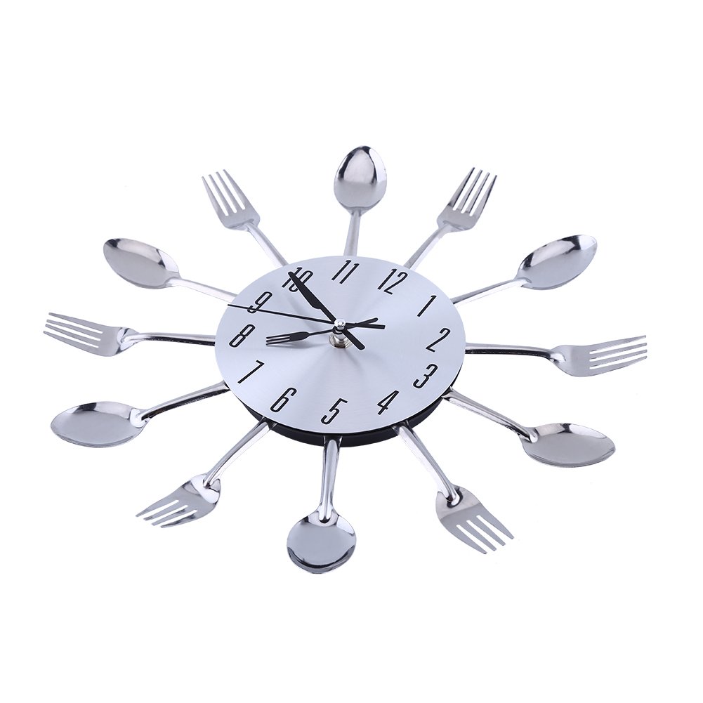 Ejoyous 12.4 Inch Large 3D Modern Creative Kitchen Wall Clock - Spoon & Fork Design Home Decor for Kitchen, Dining Room & Office (Silver) | Perfect Gift for Housewarming, Wedding & Home Renovation