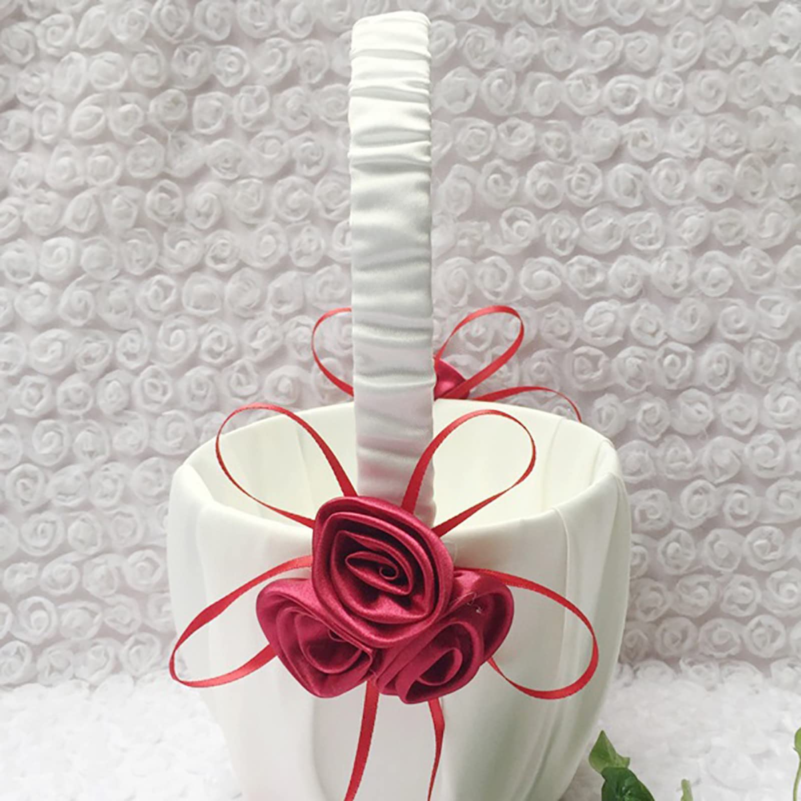 Elegant Wine Red Flower Basket - Wedding Flower Girl Basket, Multipurpose Storage Basket with Satin Ribbon & Faux Roses for Bridal Page Boys, Party Decorations | Perfect for Weddings, Baby Showers & Special Events