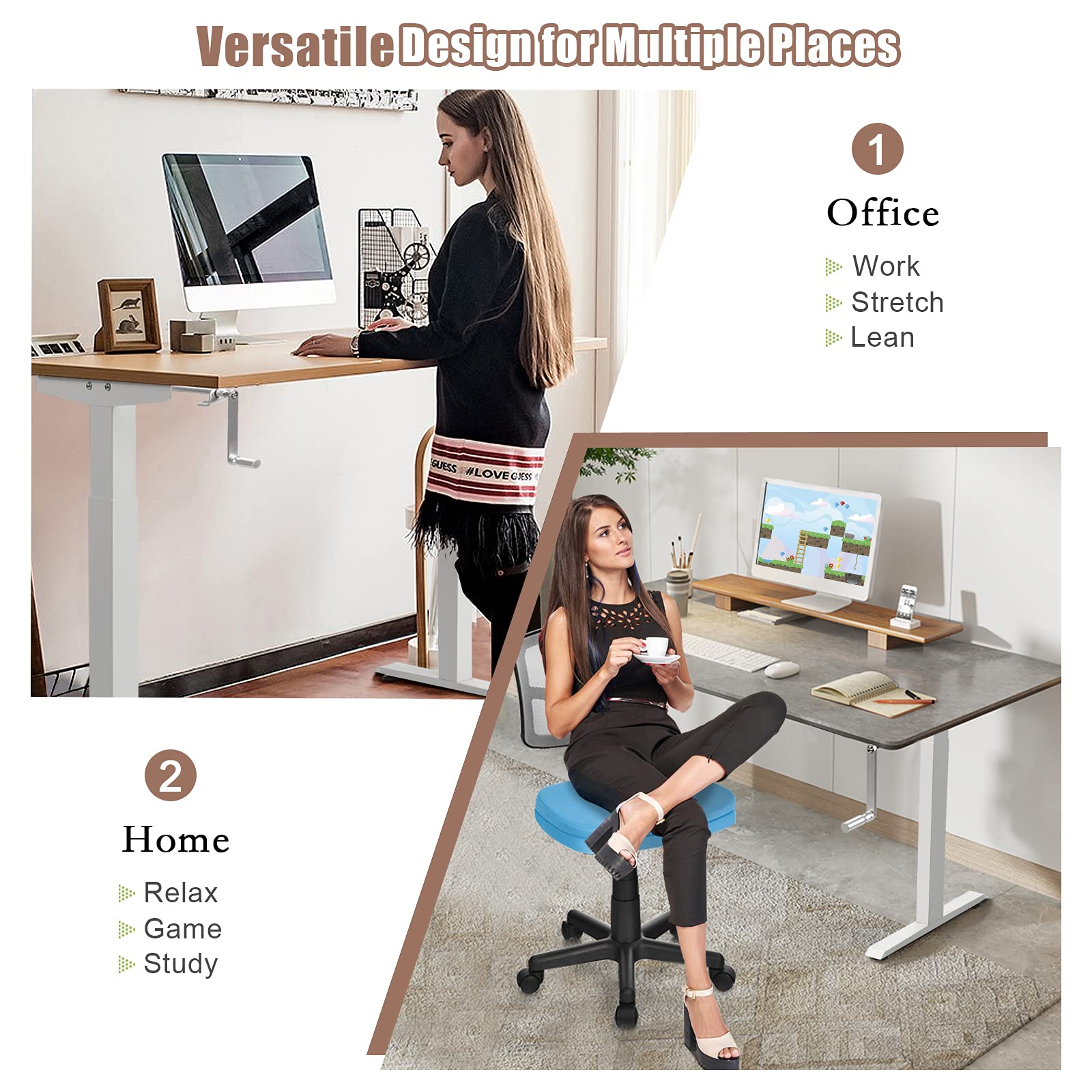 Tangkula Manual Height Adjustable Standing Desk Frame - Ergonomic Hand Crank Sit Stand Workstation with Cable Management Tray & Headphone Hook - Perfect for Home Office, Study & Workspace Productivity